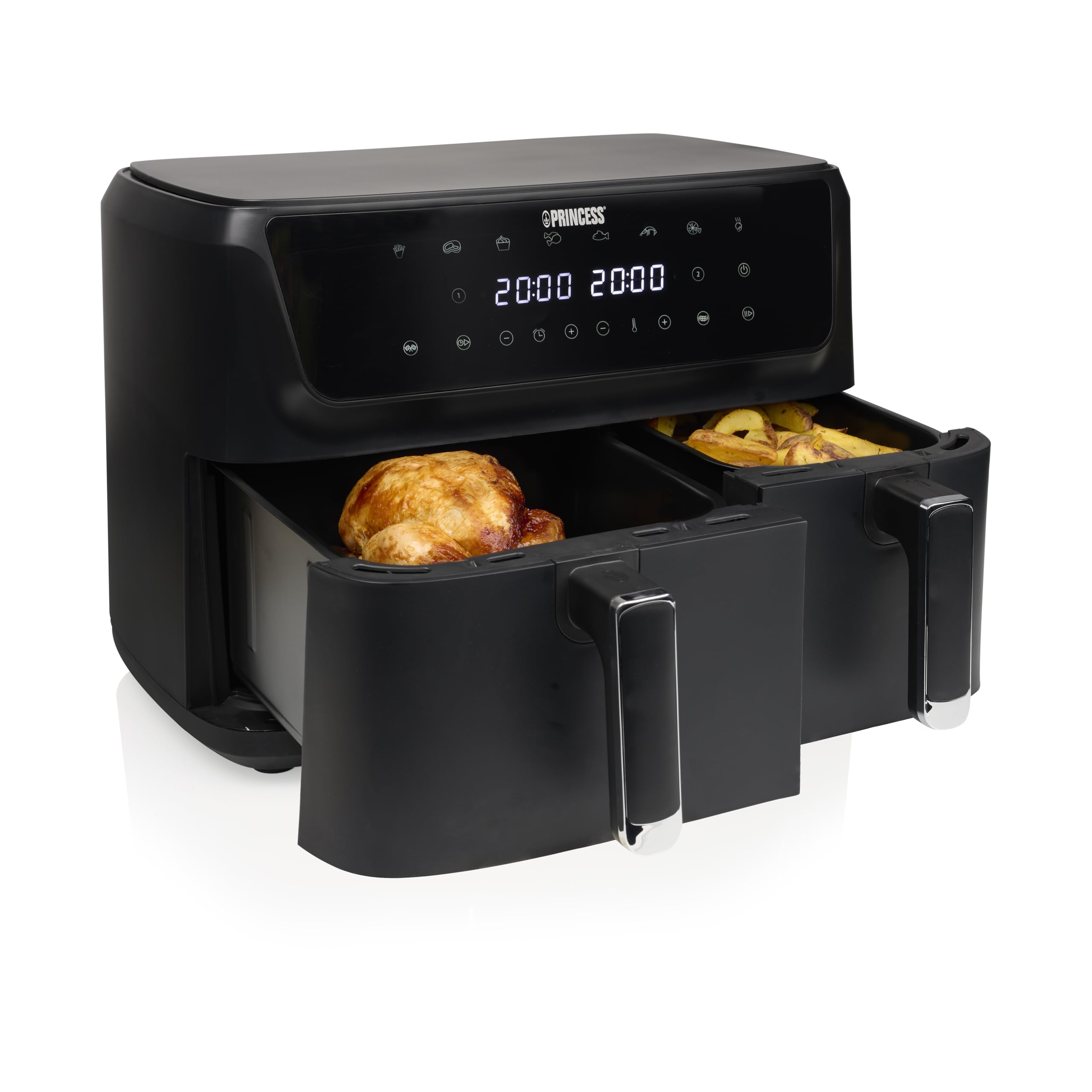 Princess Doppelkorb Heißluftfritteuse mit Digitaldisplay, 11 L Gesamtvolumen, 2 Körbe (6,5 L & 4,5 L), 2700 W, 8 Automatikprogramme, 80–200 °C, Antihaftbeschichtung, 182470