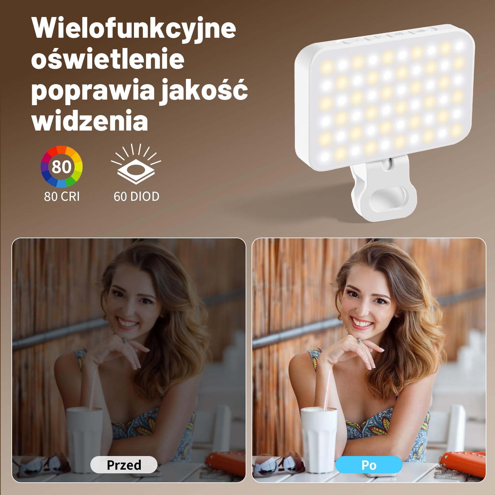 OUSFOT Lumiere Telefon z 3 trybami oświetlenia, 3000-6500K, 10 poziomów jasności do telefonu z baterią 2000 mAh z klipsem, do telefonu, aparatu, komputera