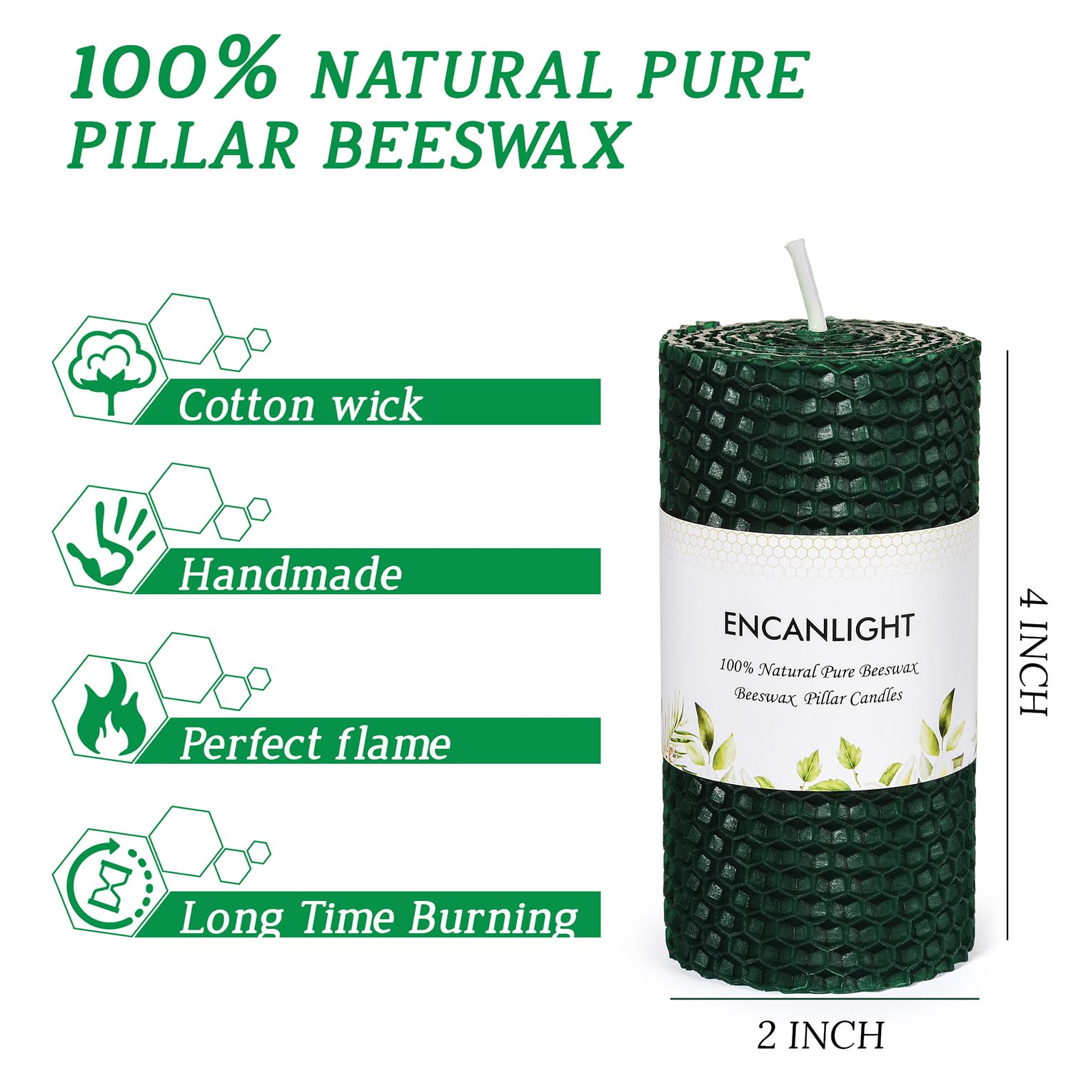 Beeswax Pillar Candles, 2x4 Inch Green Honeycomb Bees Wax Pillar Candle Set of 4 - Unscented Smokeless and Dripless - Approx 9 Hours Burn for Home Decor, Party, Christmas, Dinner