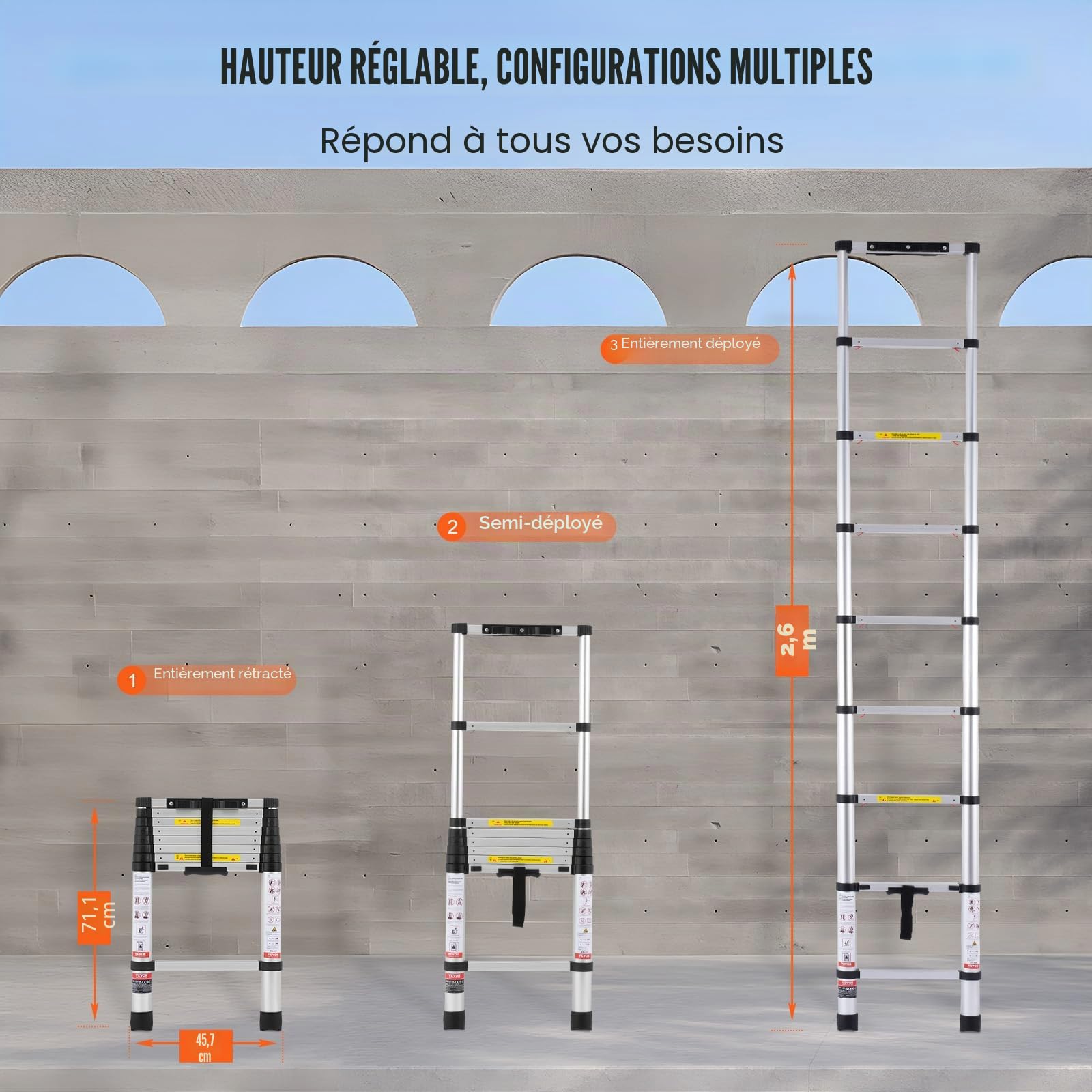 VEVOR Échelle Télescopique Aluminium, 2,6 m, Escabeau Extensible Capacité 170 kg, avec Pieds Antidérapants, Échelle Compacte Portable Pliable Rétraction à Un Bouton, pour Réparation Maison Camping-car