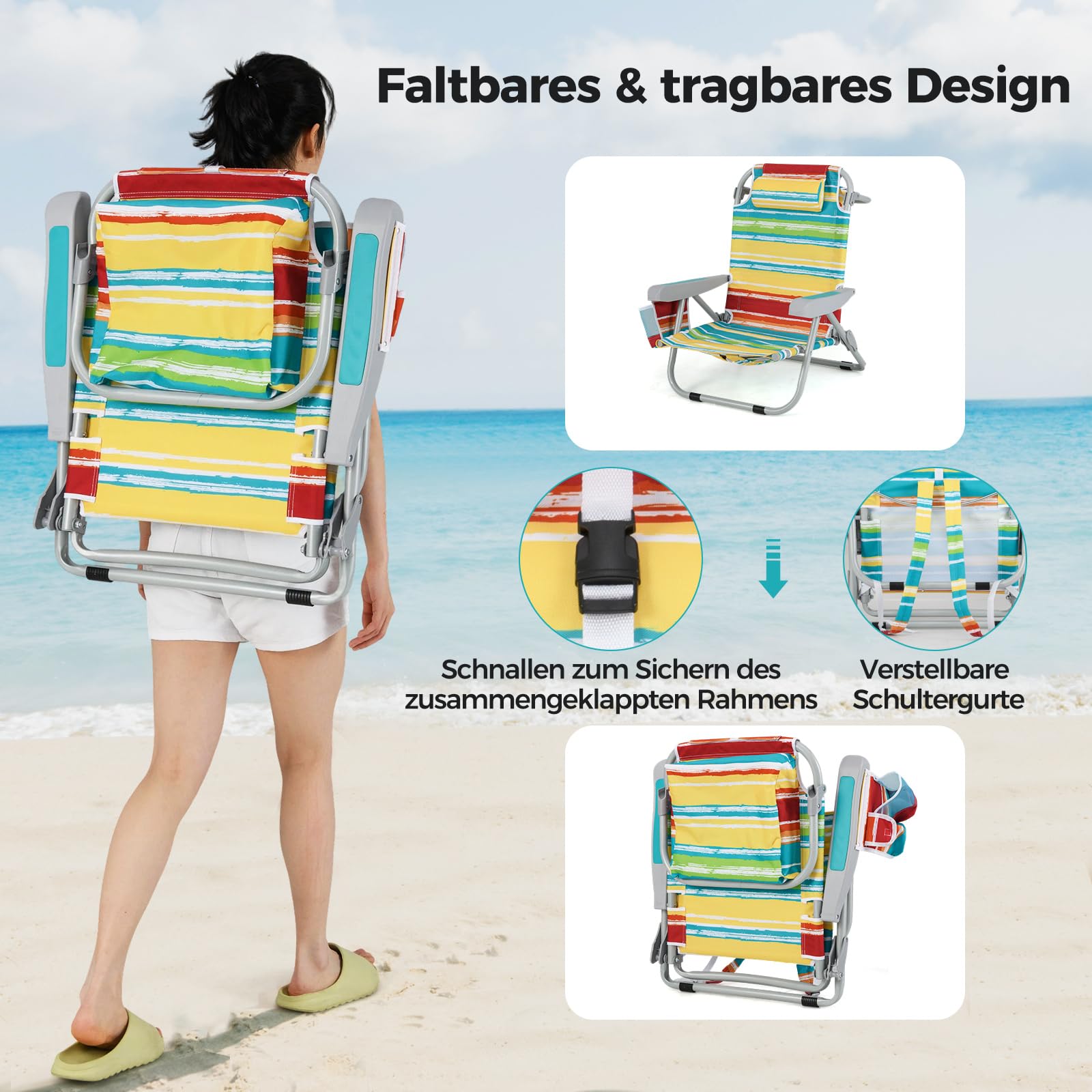 COSTWAY Strandstühle klappbar leicht, 2er Set, Campingstühle mit Verstellbarer Rückenlehne, Kopfstütze, Seitentaschen, Schultergurten, Handtuchhalter & Armlehnen, Klappstühle, Outdoor-Stühle, Bunt