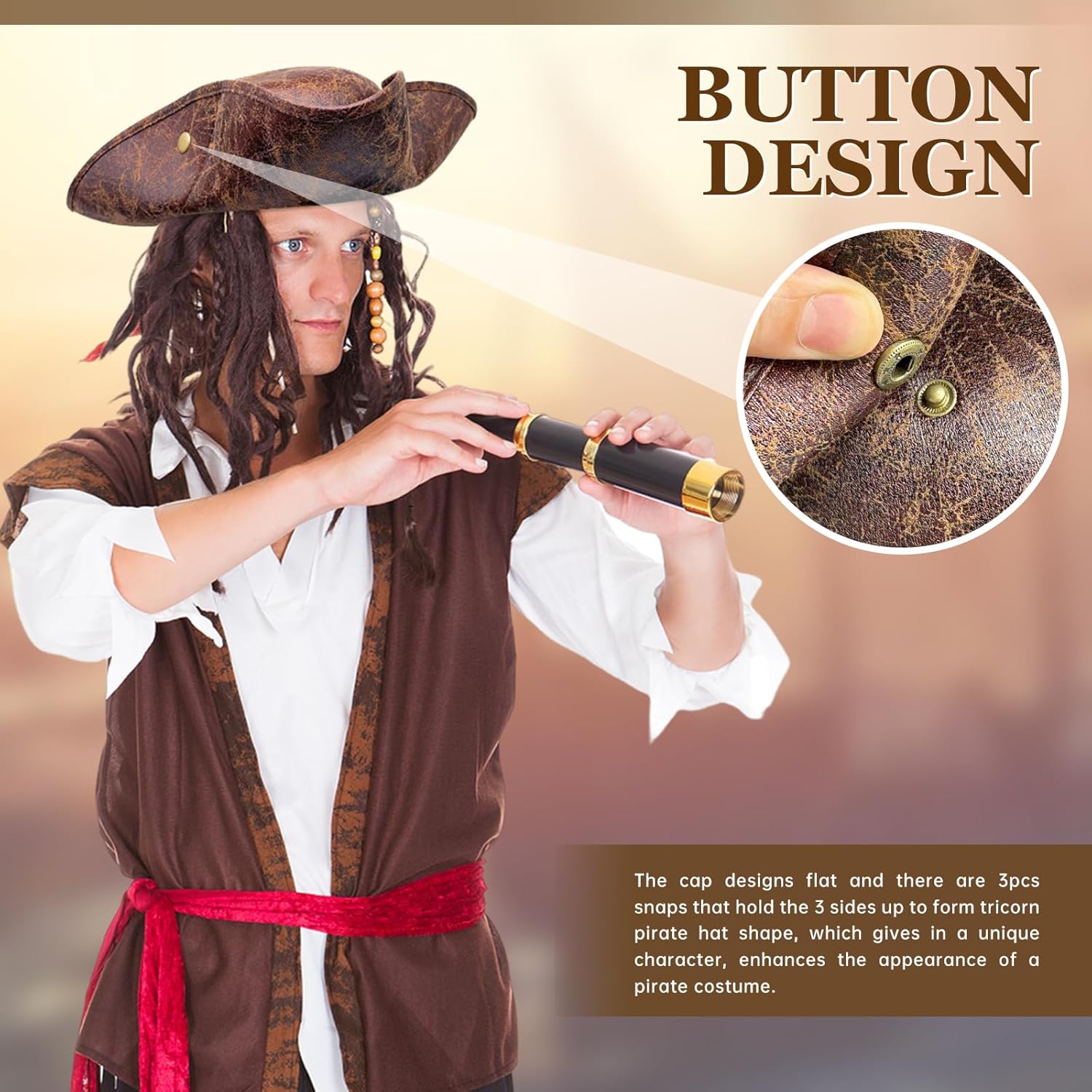Novelty Faux Leather Pirate Hat,Brown Faux Leather Hat,Tricorn Pirate Hat for Adult Men Women,Halloween Pirate Costume Accessories - Image 6