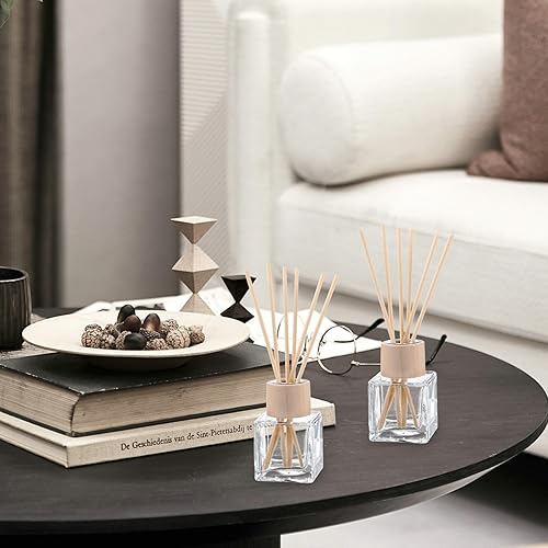 Miniatura 7 de Juego de 12 botellas difusoras de varillas vacías de fragancia de vidrio difusor, juego de botellas difusoras recargables con tapas de madera,