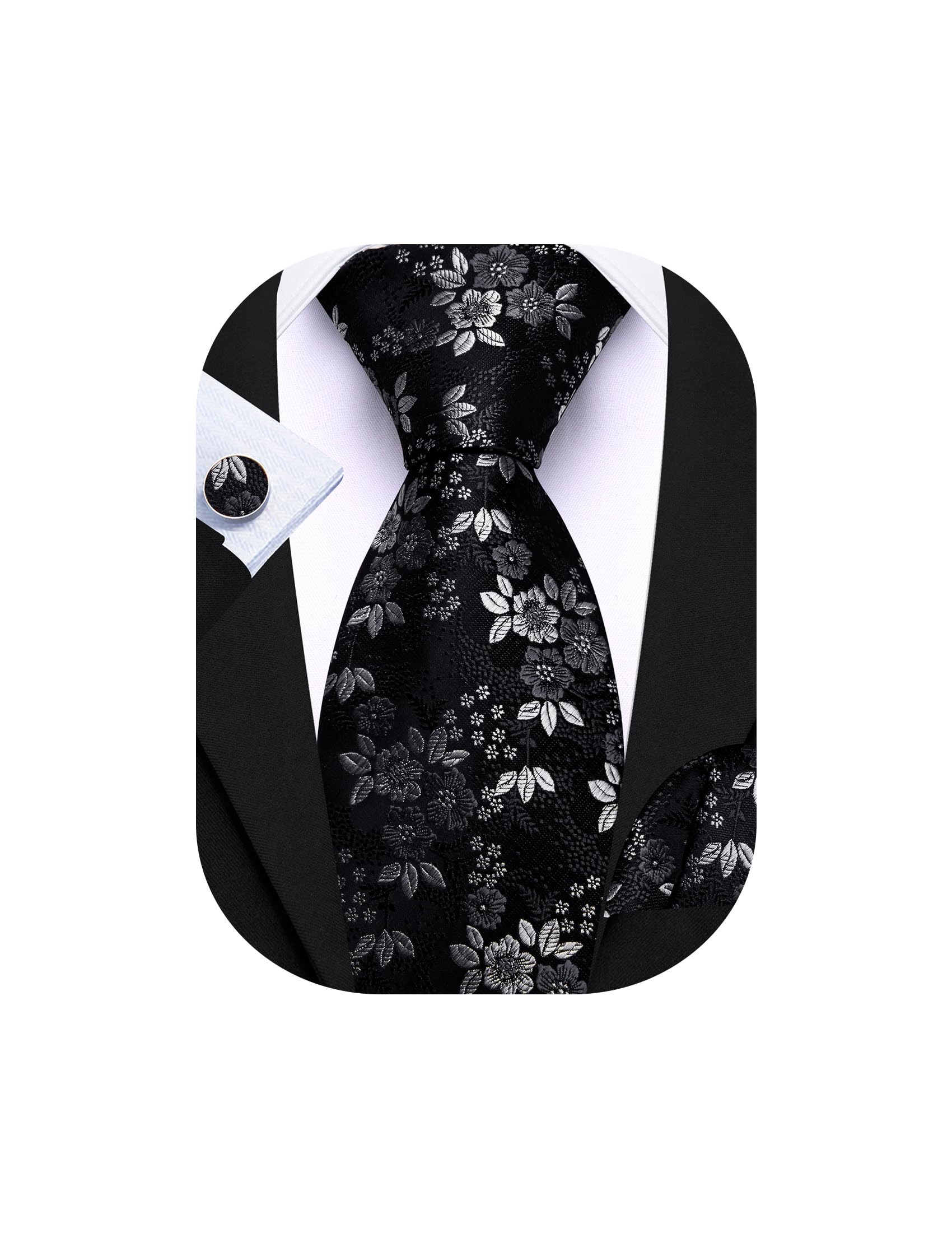 Barry.Wang Men Tie Set Floral Paisley Silk Necktie Pocket Square Cufflinks