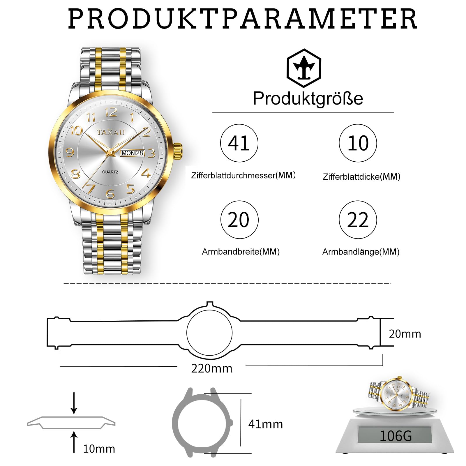 Taxau Herren Armbanduhr Quarz Analog Klassische Herrenuhr mit Edelstahlarmband und Datumsanzeige,30M Wasserdicht Elegante Business Uhr für Büro,Freizeit,Geschenk für Männer