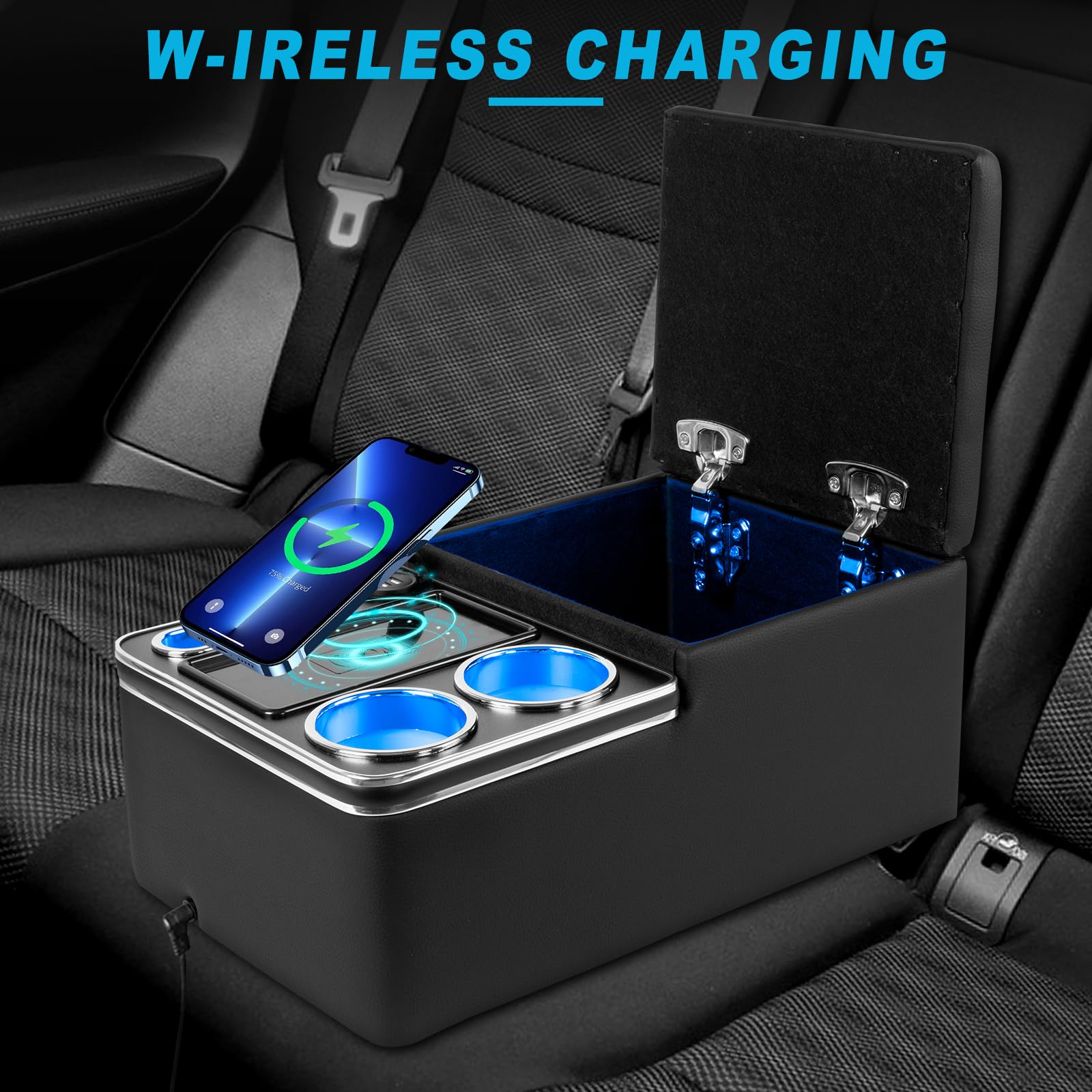 Organiseur Central Voiture Avec Porte-Gobelets Et Support Téléphone - Rangement Accoudoir Siège - Noir