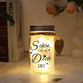 LED bottle light#34;Schön dass es Dich gibt illuminated bottle with saying for women lucky light decorative light for birthday wedding Christmas money box wedding gift [Energy Class A]