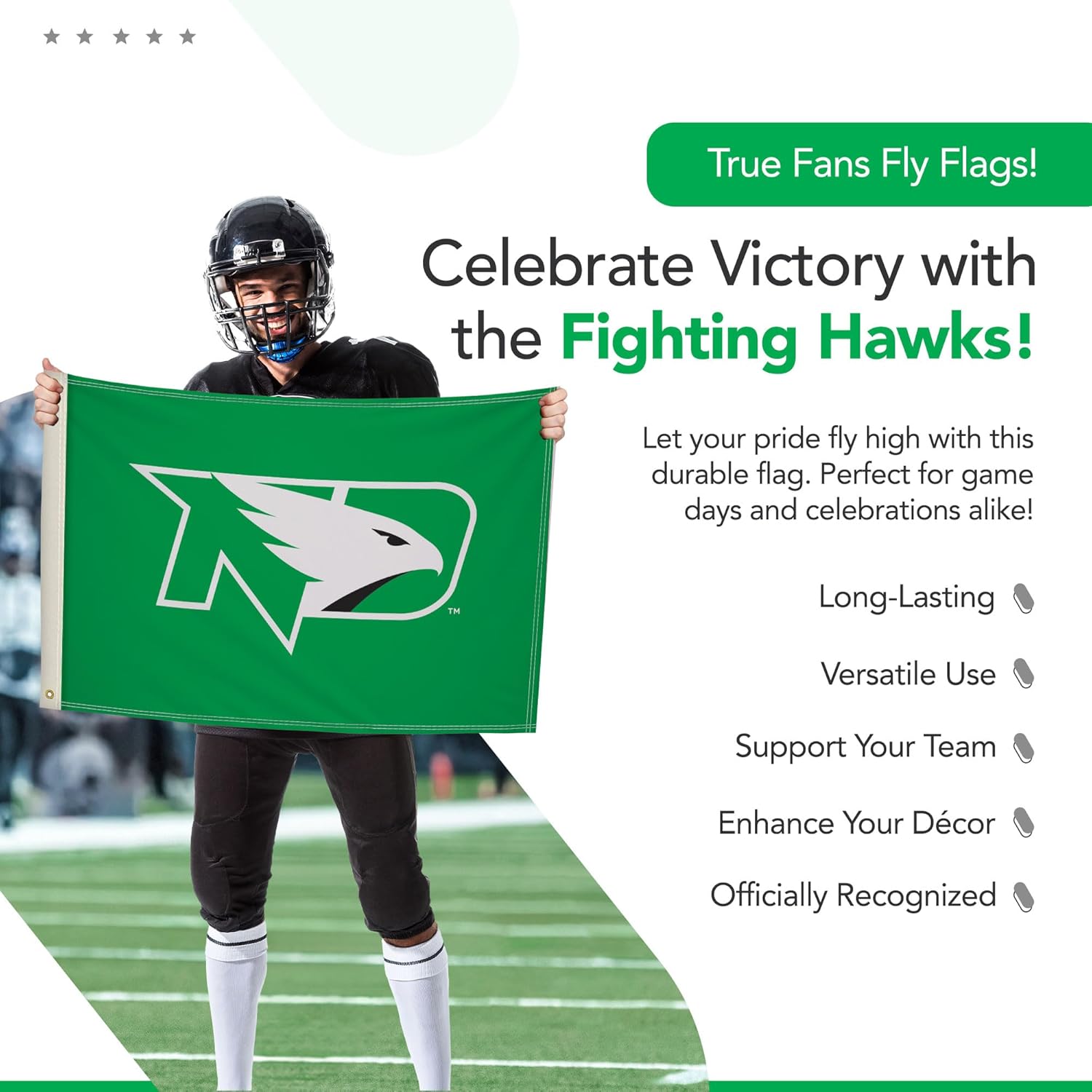 North Dakota Fighting Hawks College Sports Printed Flag - NCAA Licensed - Nylon - School Banner (Green, White, Black) (2' x 3')