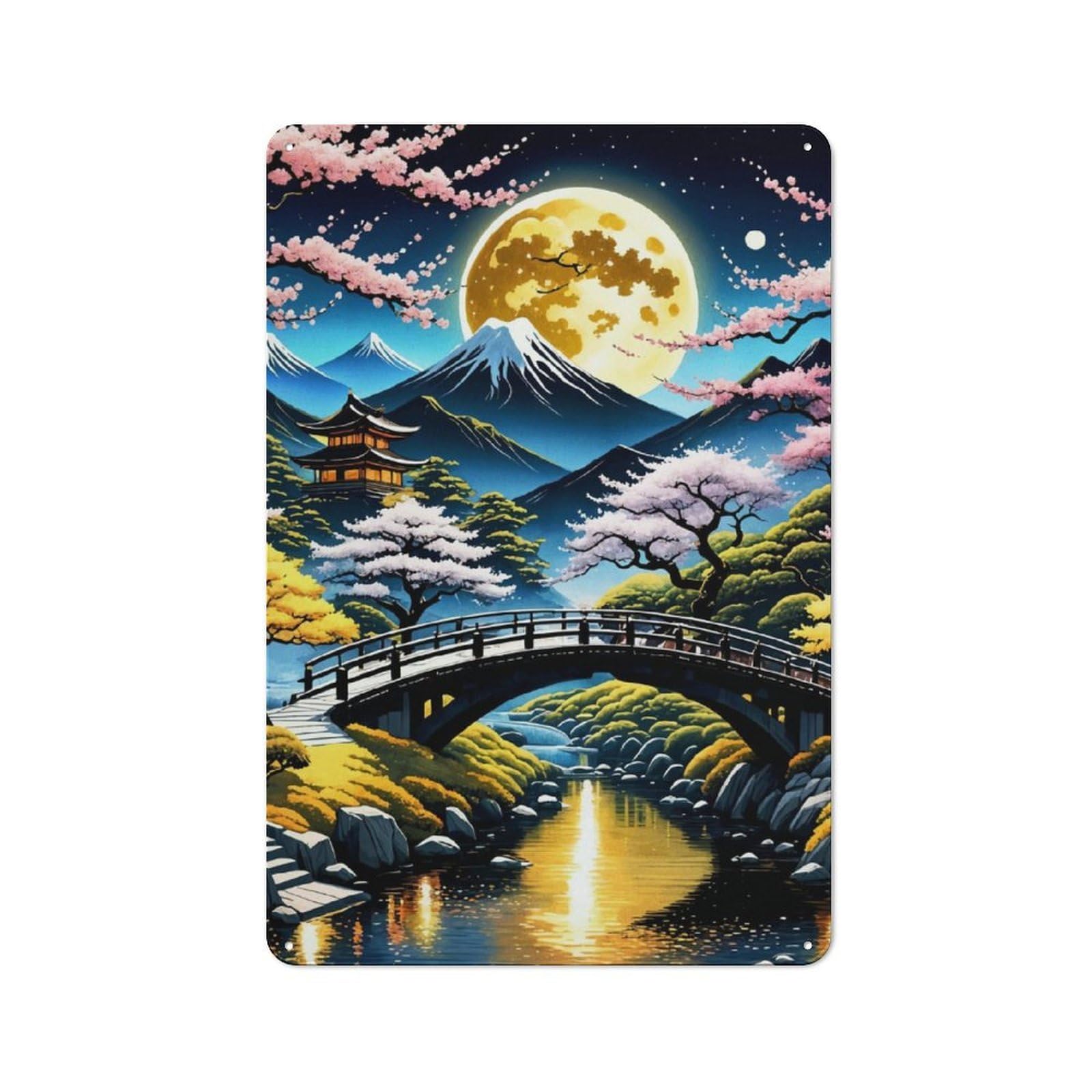 Junmoney Japan Landscape Cherry Tin Wall Plaque 30X20cm With For Home Bar Wall, For Kitchen And Home Bar Decor, For Home Office And Studio Walls