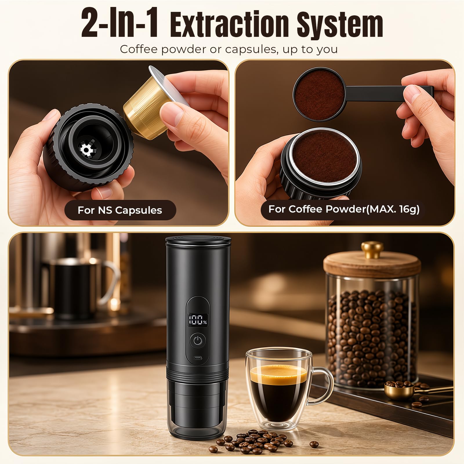 Machine a Cafe Portable 20 Bar, 2 en 1 Machine a Café Portable Cafetiere Portable Rechargeable Compatible avec Capsules NS, Café Moul, Machine Expresso Portable pour Camping Voyage