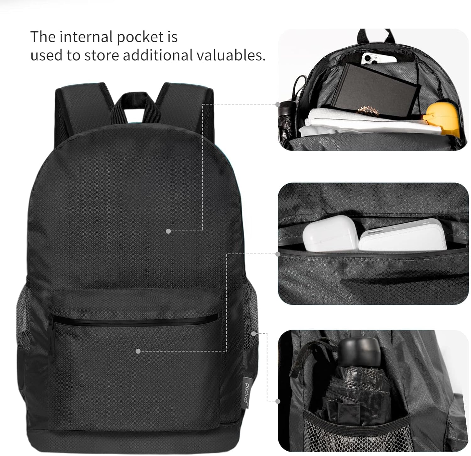 pack all 20L Lightweight Packable Backpack, Water Resistant Foldable Backpack, Travel Hiking Daypack with Waterproof Zippers (Black) - Image 4