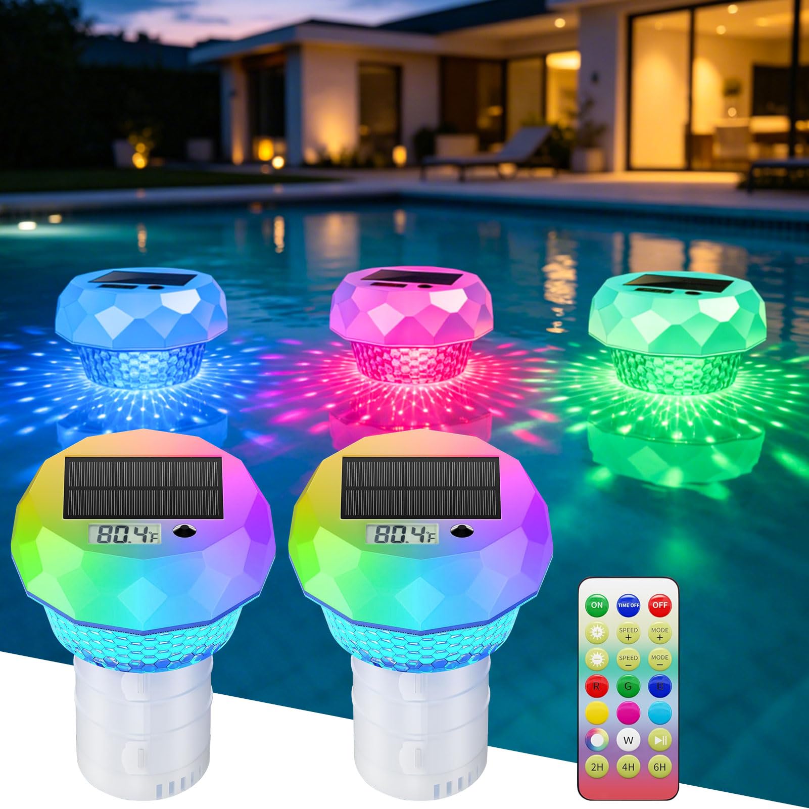 FUFRE Poolthermometer Schwimmend, 2 in 1 Pool Thermometer Digital und Solar Poolbeleuchtung, Wasserthermometer mit Unterwasser Lichtshow, Wasserthemometer für Pool Schwimmbad Whirpool Teich (2Stück)