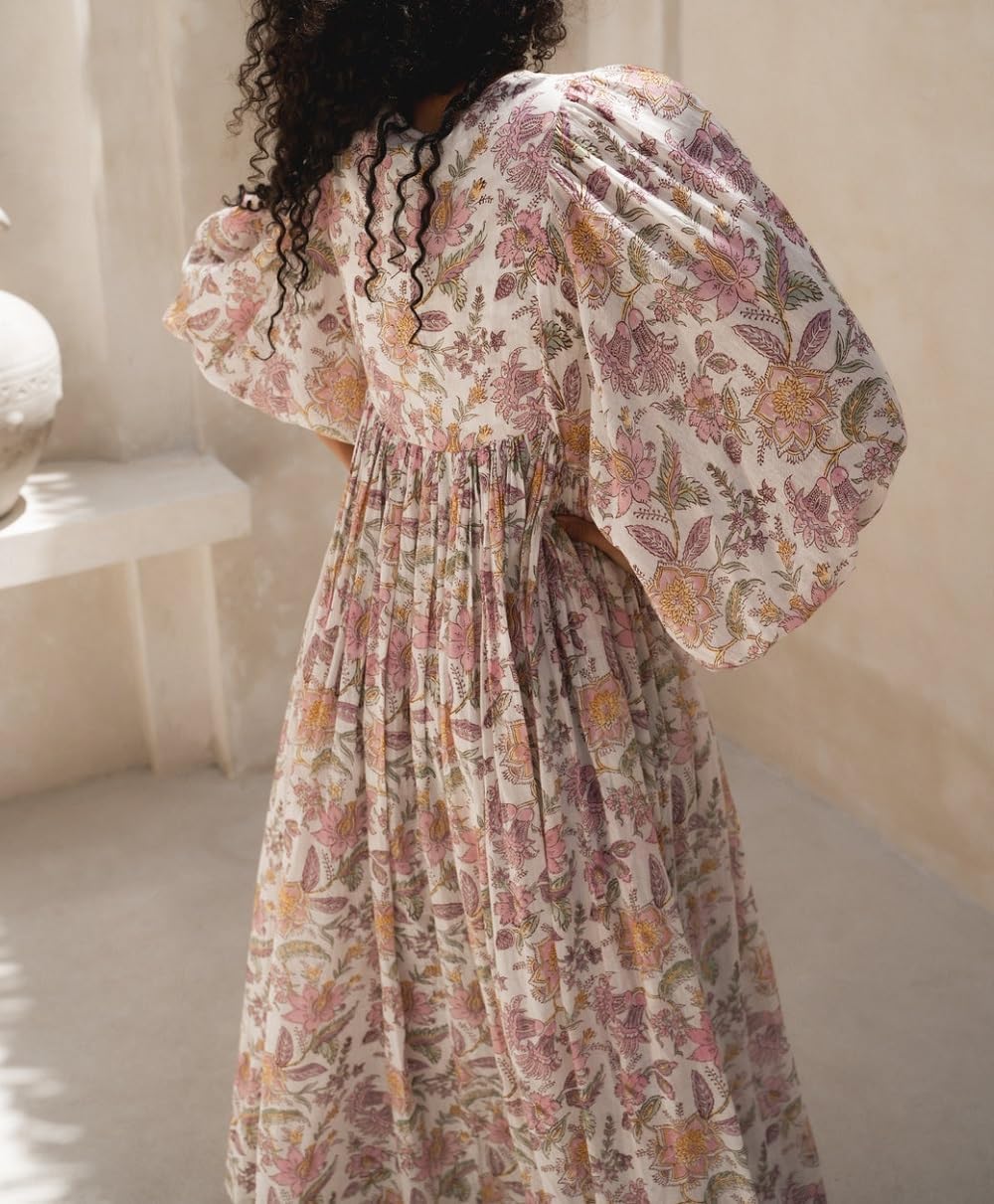 Women Boho Floral Maxi Dress Puff Sleeve V Neck Long Dress Bohemian Flowy Tiered Dress Loose Fit Shirt Dress - Image 6