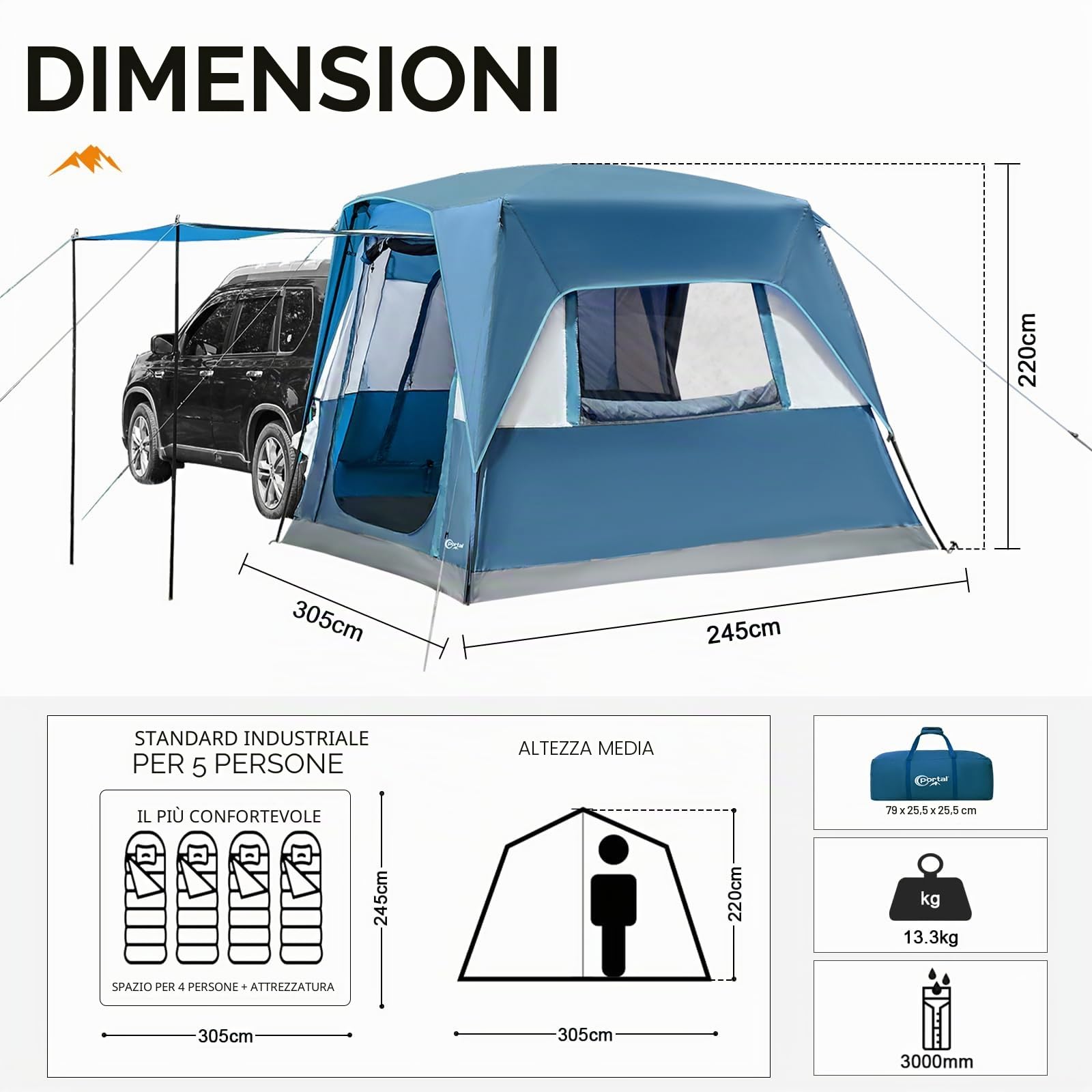 PORTAL Tenda posteriore 4-5 persone 2 in 1 Tenda auto con tenda da sole 305x245x220cm 2000mm impermeabile Tenda familiare Tenda da festival per auto Viaggi Campeggio