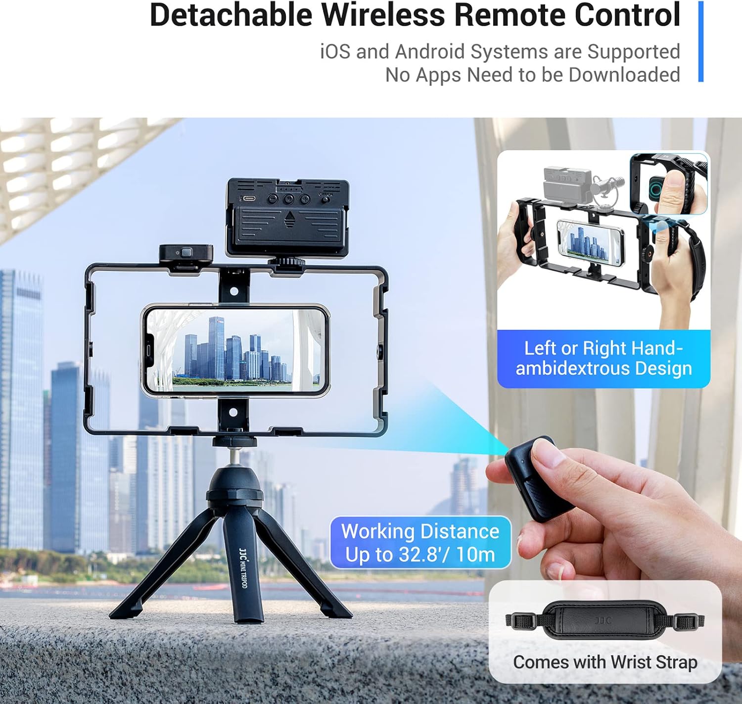 Image showing the detachable wireless remote control, its working distance, and the included wrist strap.