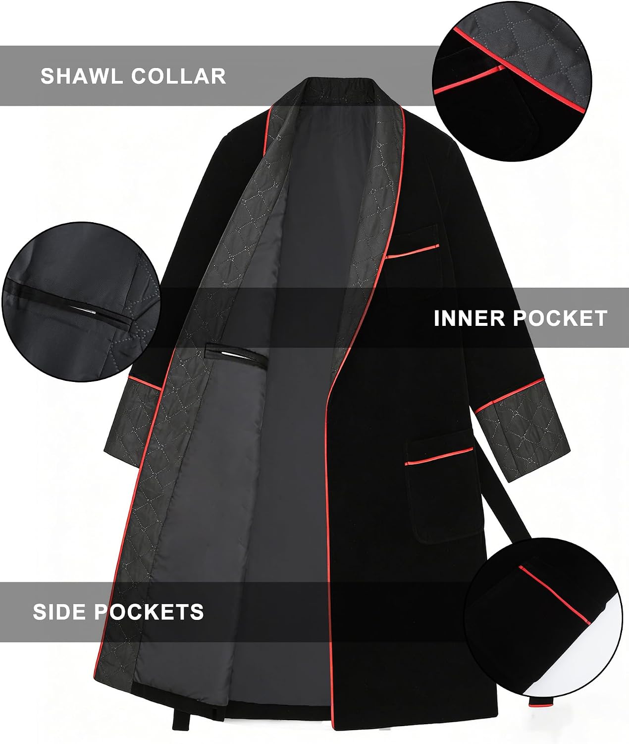 Men's Long Velvet Smoking Jacket Smoking Robe with Belt Shawl Lapel Quilted Dressing Gown