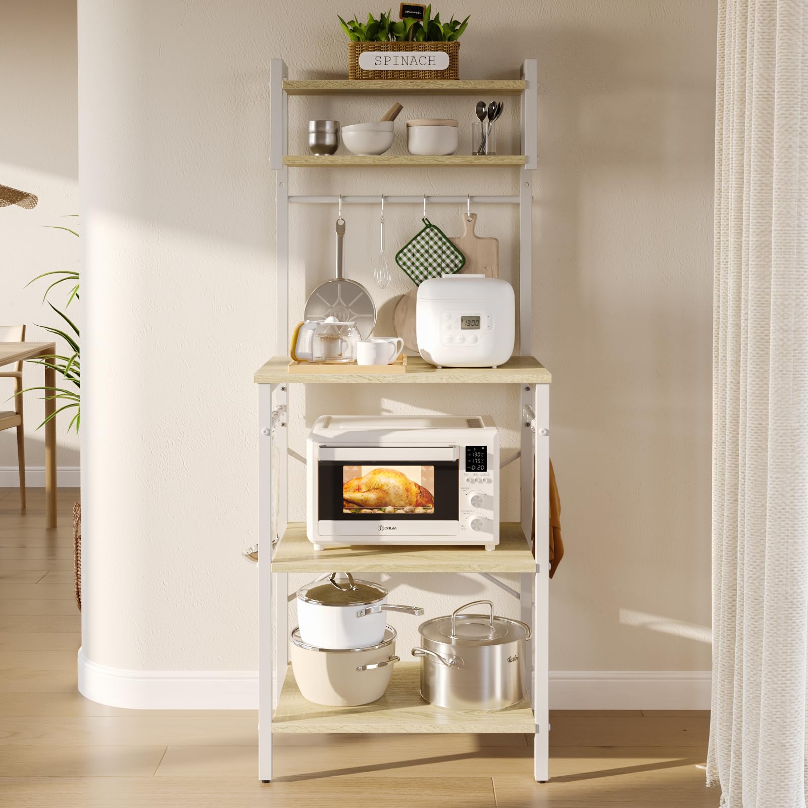 Bestier Scaffale da cucina in piedi, sottile, 60 x 42 x 148 cm, con 8 ganci, struttura in acciaio rustico, scaffale per microonde (bianco)
