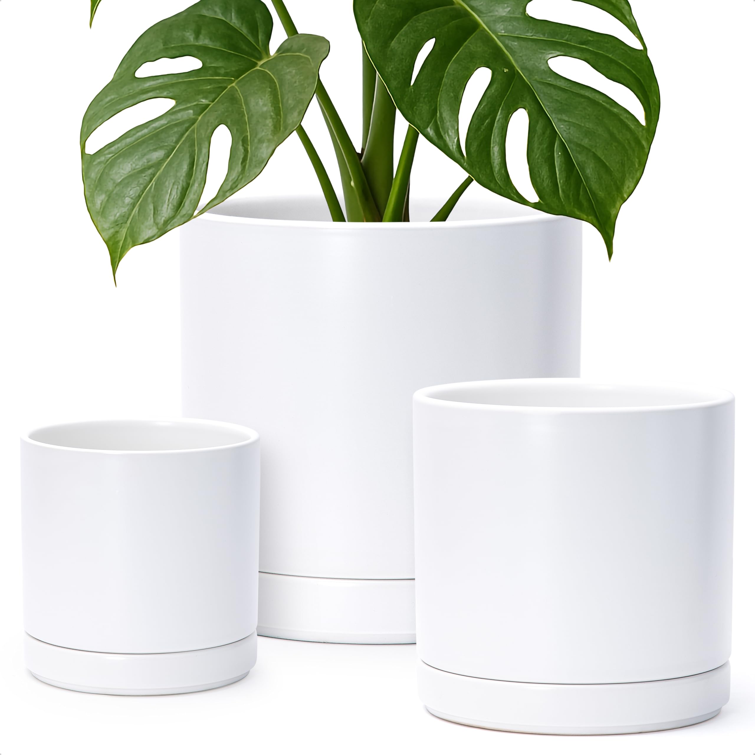D'vine Dev 6 Inch 8 Inch 10 Inch, Set of 3 Round Ceramic Planter Pot with Drainage Hole and Saucer, White, 94-T-L-1