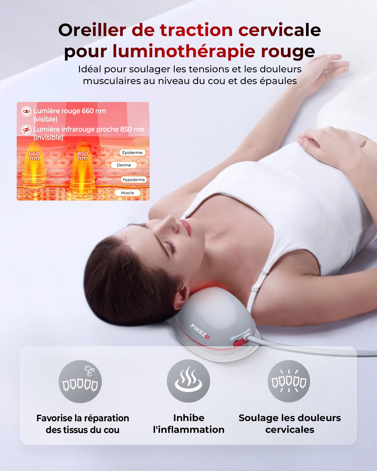FliKEZE Étireur de cou chauffant avec thérapie par la lumière rouge, appareil de traction cervicale sans fil pour soulager la douleur TMJ et relaxer les épaules, coussin de massage de traction du cou