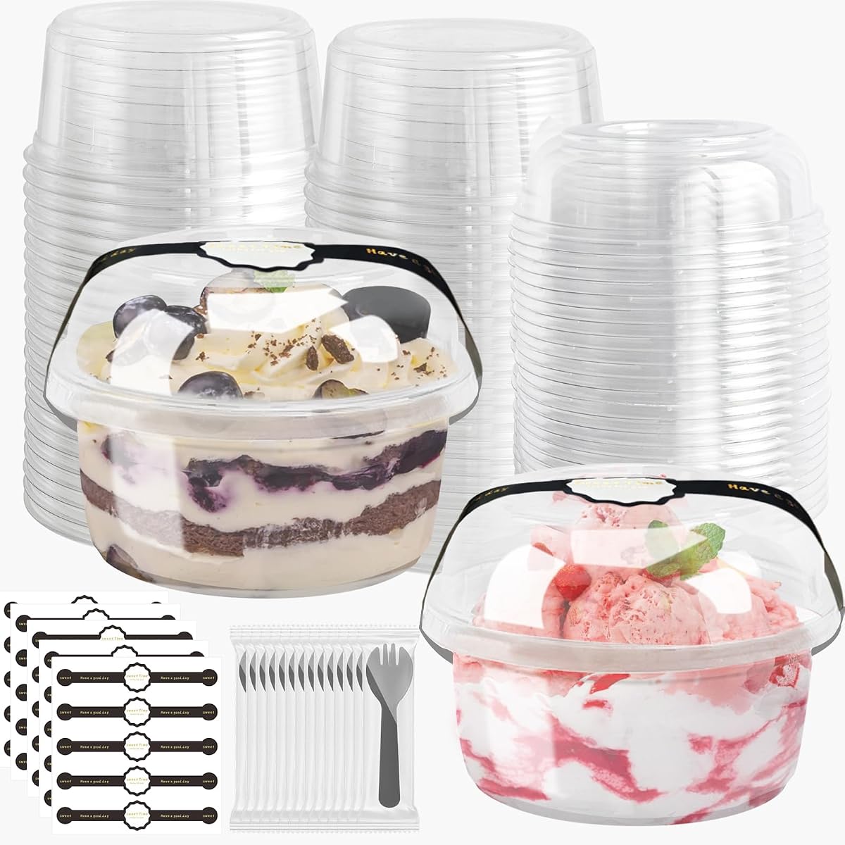 Contenedores de alimentos desechables con tapas y cucharas, paquete de 50 mini tazas de postre parfait de 12 oz, ensaladeras para preparar comidas para el almuerzo, tazones de helado de plástico para mascotas, tazón de acai, recipientes para fiestas para llevar (12 oz)