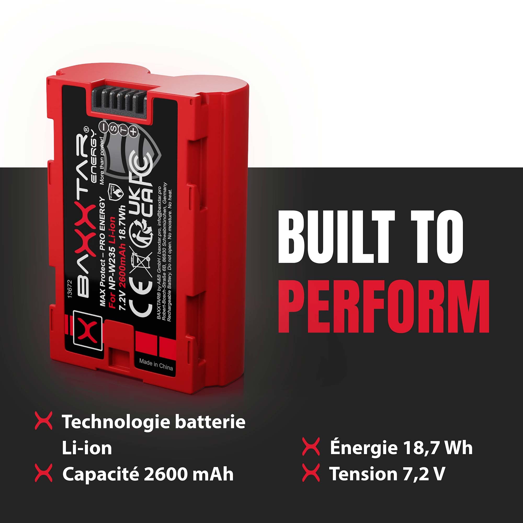 Baxxtar 2X MaxProtect Batterie NP-W235 2600mAh Remplacement pour Fuji NPW235 NP W235 avec capteur NTC et boîtier V1 Compatible avec Fujifilm GFX-50s II GFX-100S GFX-100 II X-H2 X-H2S X-S20 X-T4 X-T5