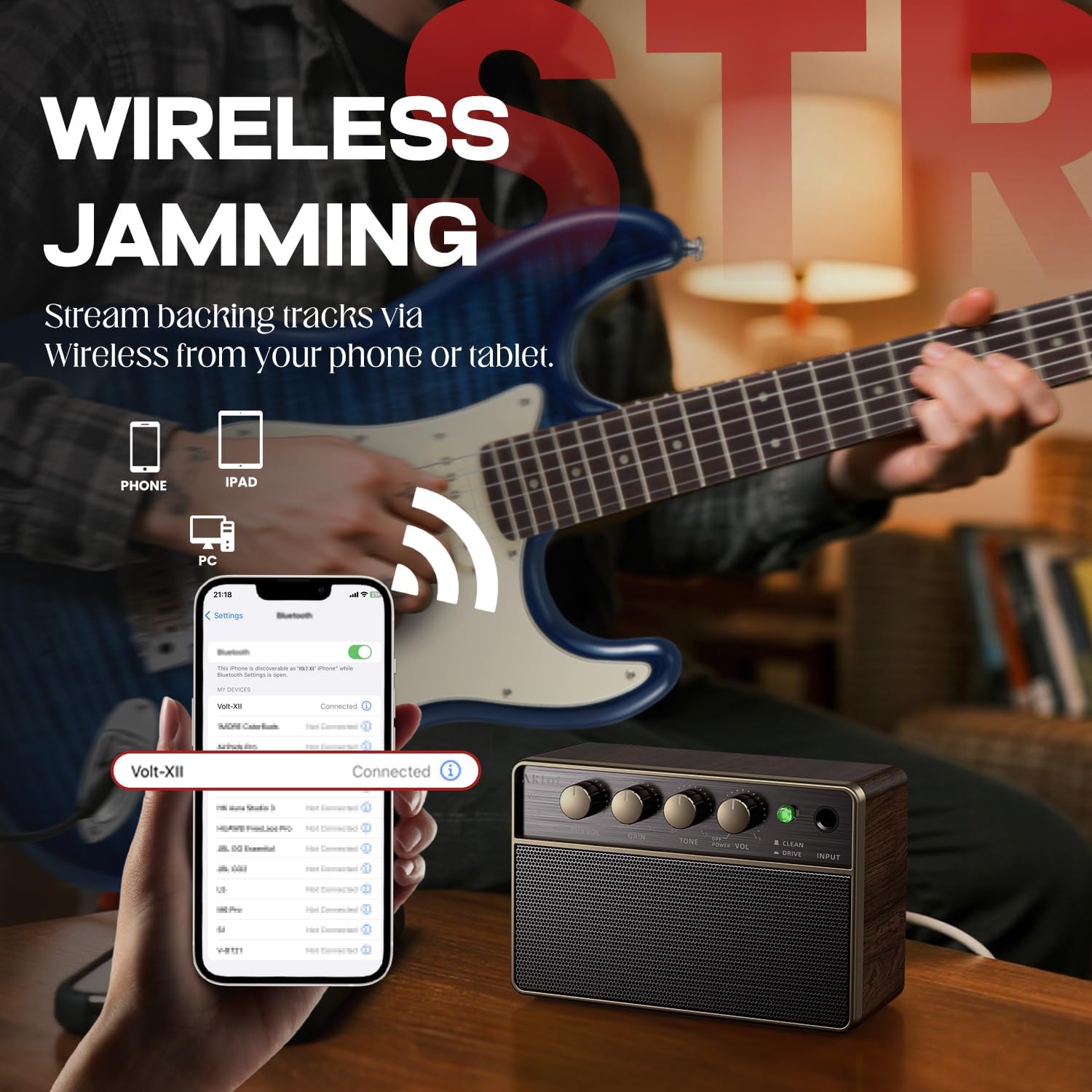 Mini Electric Guitar Amp, Rechargeable 10W Small Portable Guitars Amplifier 5.9*3.9*2.6in Clean/Drive Channels,Wireless Audio,USB-C,6H Working,Headphone Out/AUX In,Compact Practice Travel Speaker Amps - Image 4