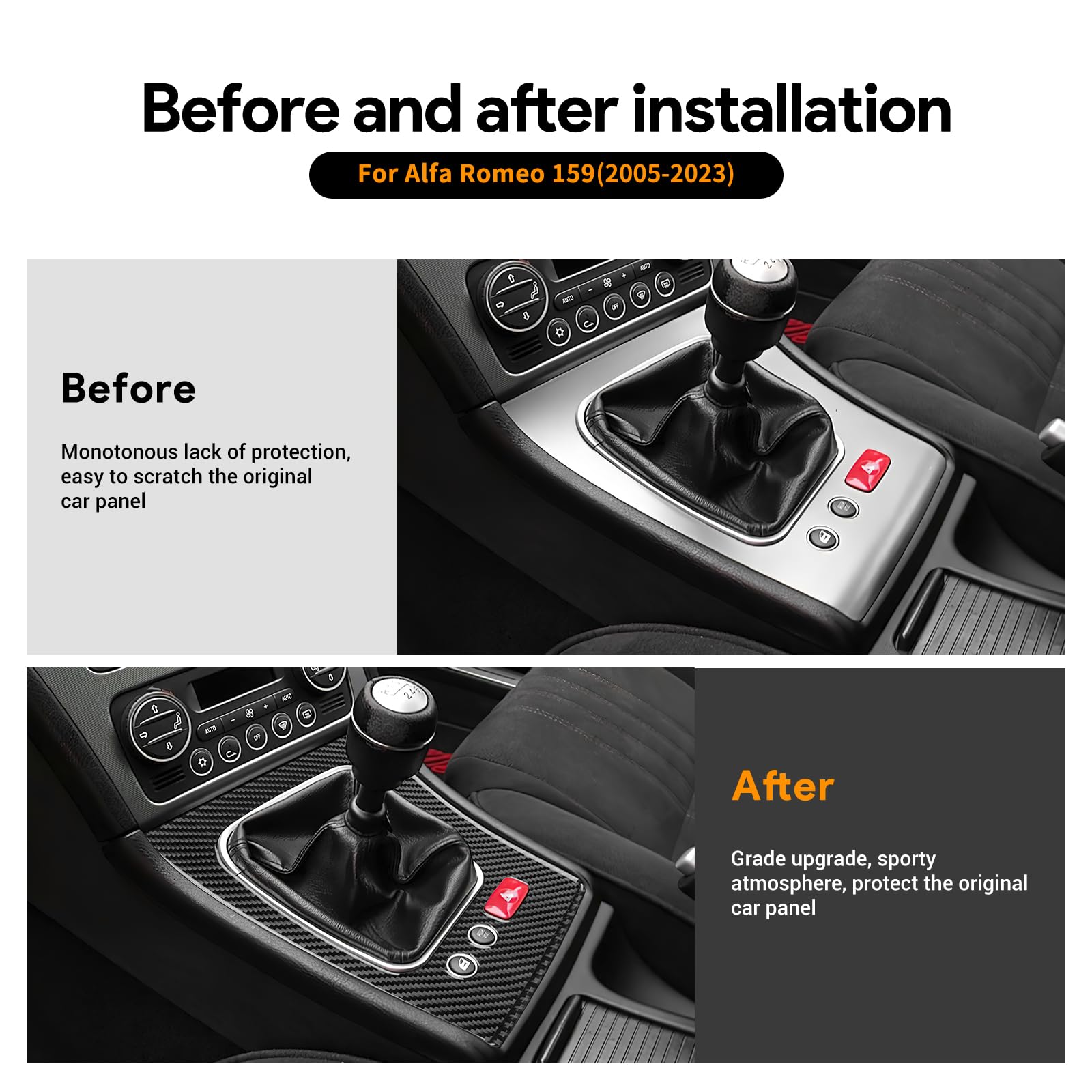 KUNGKIC Per Alfa Romeo 159 2005 – 2023 in fibra di carbonio auto centro, decorazione pannello leva del cambio telaio adesivo accessorio regalo, cambio manuale (nero)