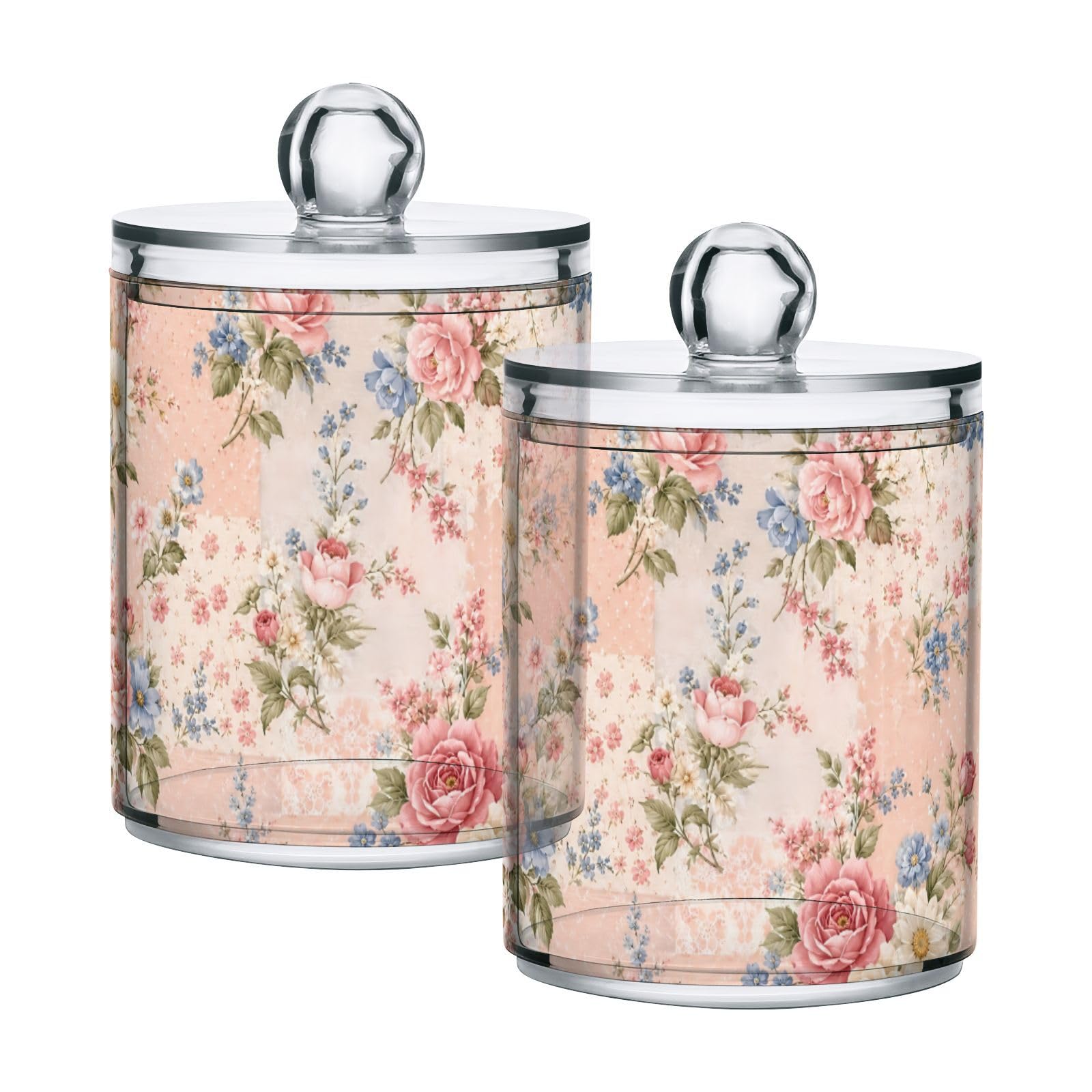 Lyeorm Floral Pattern Apothecary Jars with Lid 2 Pack Qtip Holder Dispenser Bathroom Storage Organizer Clear Plastic Canister Jar for Cotton Ball, Cotton Swab