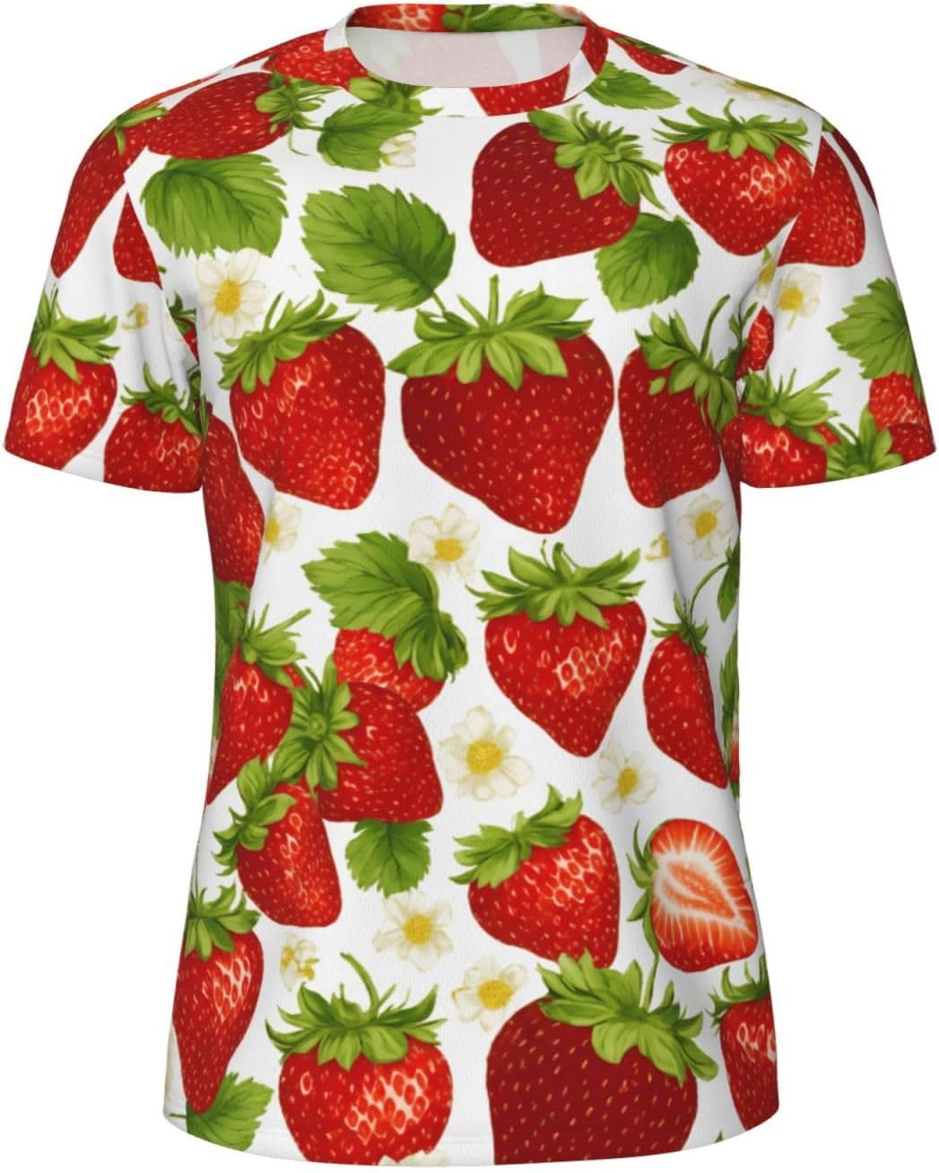 Strawberry Print Mens Short Sleeve Mesh T-Shirt Breathable Athletic Gym Running Casual Sports Wear