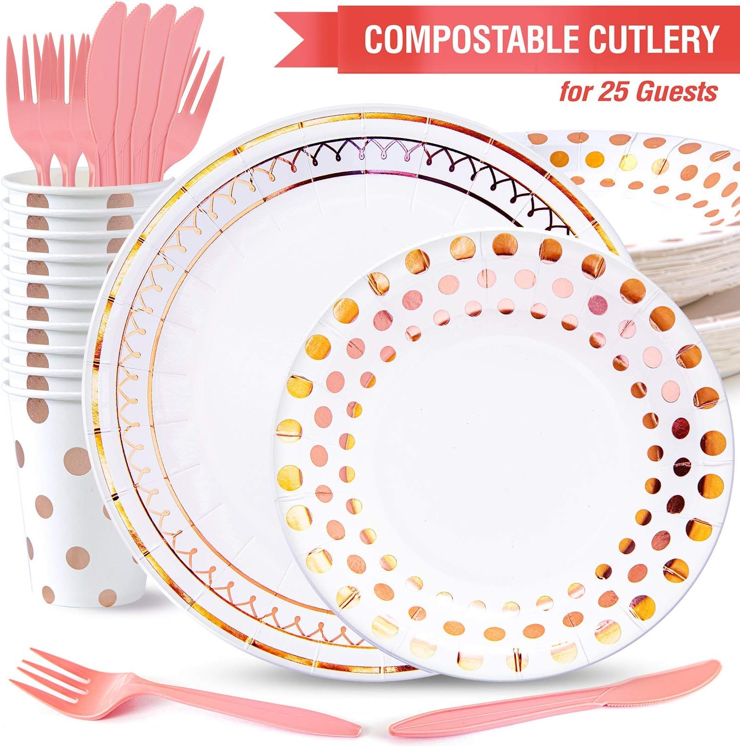 Kiki Green Rose Gold Paper Plates Set 125pcs Compostable Paper Plates Rose Gold Party Plates and Cups - baby Shower Rose Gold Party Decorations Sweet 16 Party Supplies Pink And Gold Party Supplies