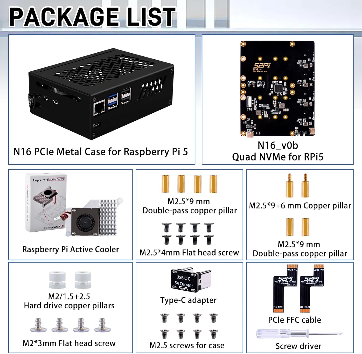 GeeekPi N16 Quad M.2 M-Key NVMe SSD HAT with Metal Case & Active Cooler for Raspberry Pi 5, Support M.2 NVMe M-Key 2230/2242/2260/2280 SSDs