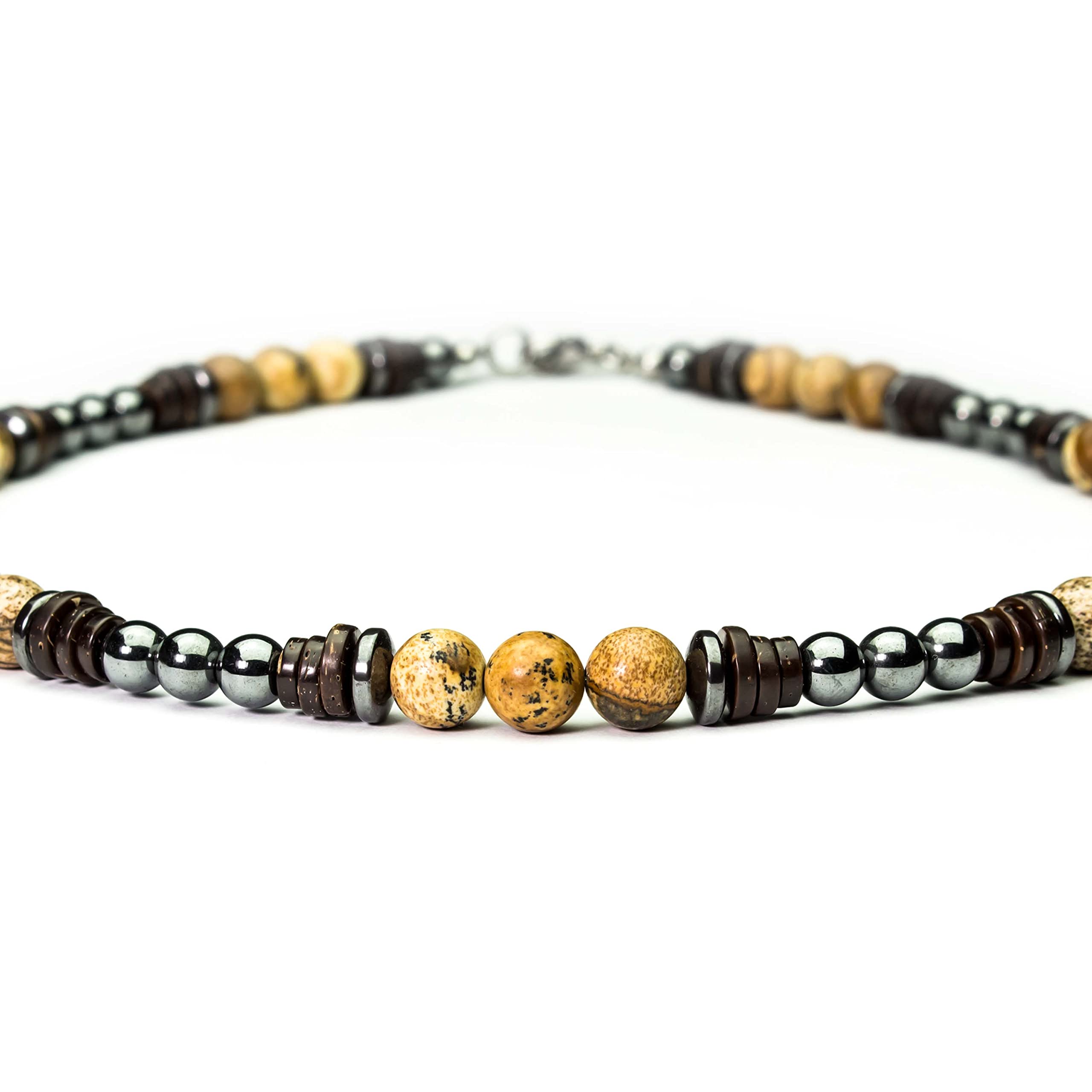 Collier Homme perles Ø6-8mm pierres naturelles Jaspe Picasso Bois Cocotier/Coco Hématite Acier inoxydable/inox couleur argent fait main en France CJBH52