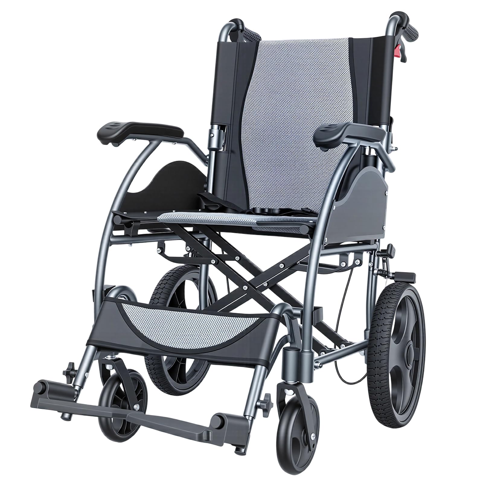 Wózek inwalidzki, lekki (11 kg) i składany, aluminium, szerokość siedziska: 44 cm, transportowy wózek inwalidzki, z podparciem lędźwiowym, regulowana wysokość pedału, dla seniorów i osób