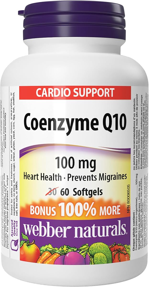 Webber Naturals Webber Naturals Coenzyme Q10 (CoQ10) 100 mg, 60 Softgels, High Potency Antioxidant, For Heart Health, Cellular Energy Production, and Migraine Support
