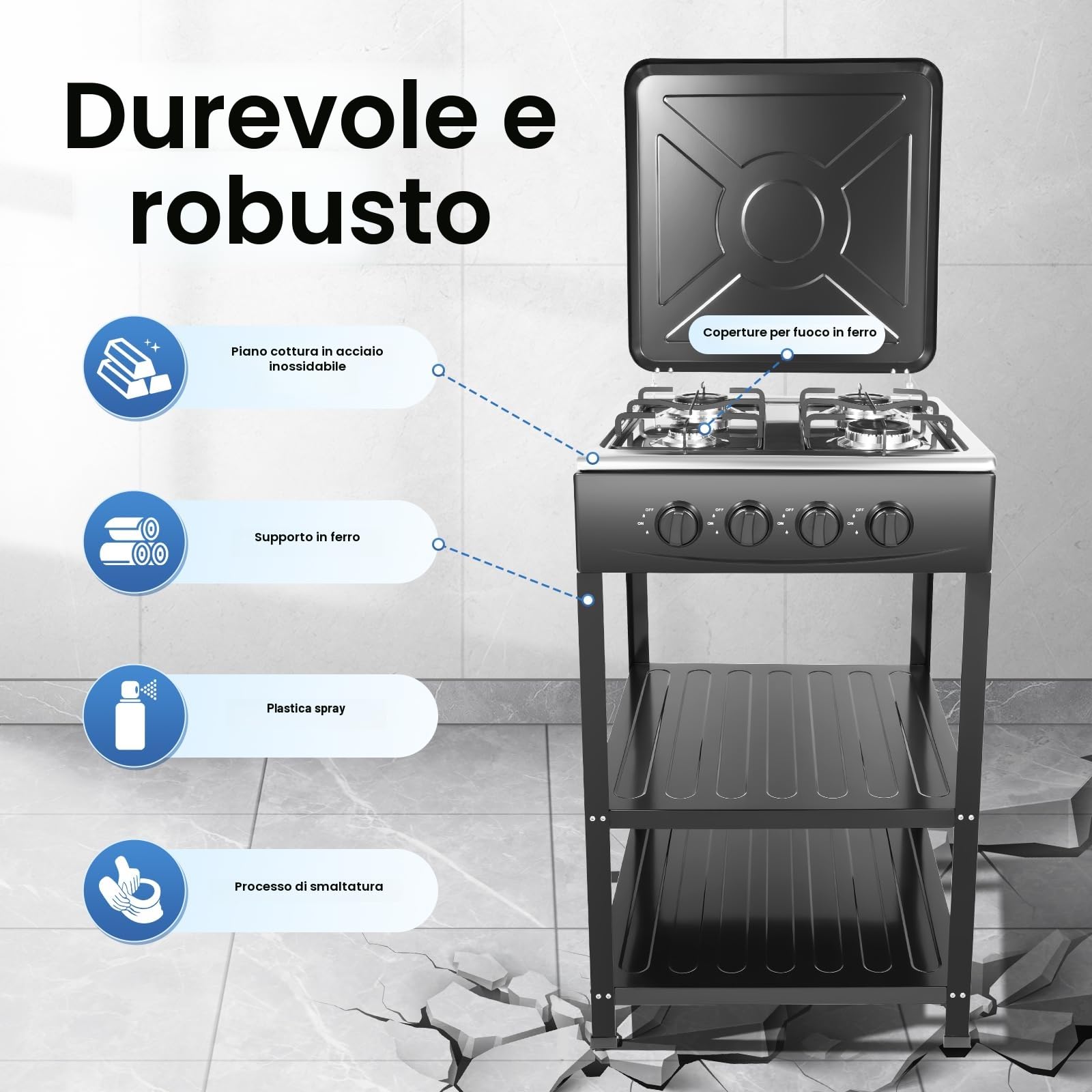 Fornello a gas 4 fuochi rettangolare NG/LPG con supporto antiscivolo nero