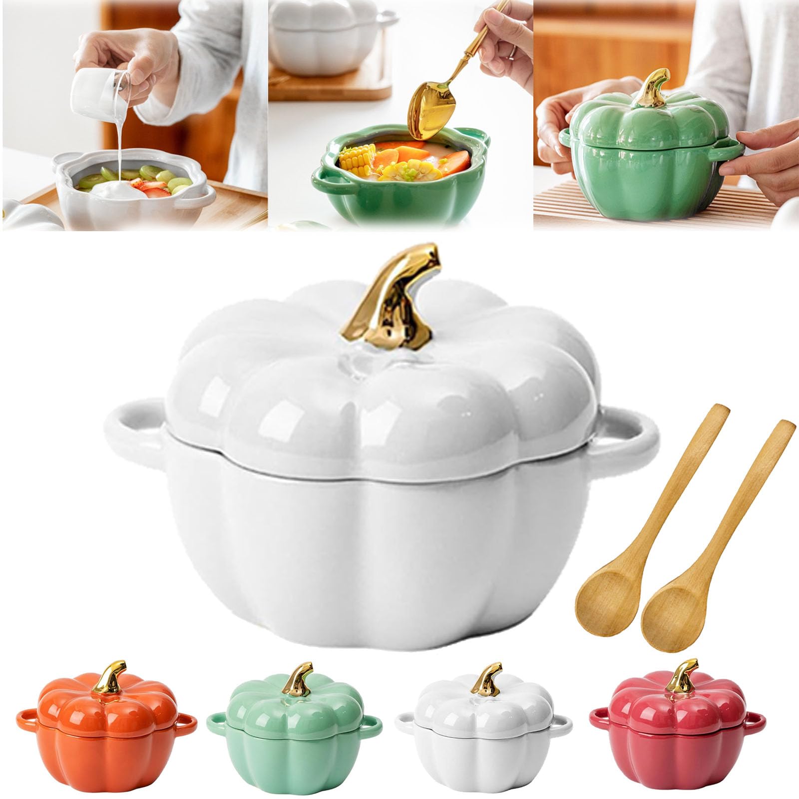 Creativity 15 Oz Oven Safe Mini Pumpkin Dutch Oven Pot with Lid, Ceramic Ramekins, Dessert Sauce Pan, Baking Soup Bowl (White)
