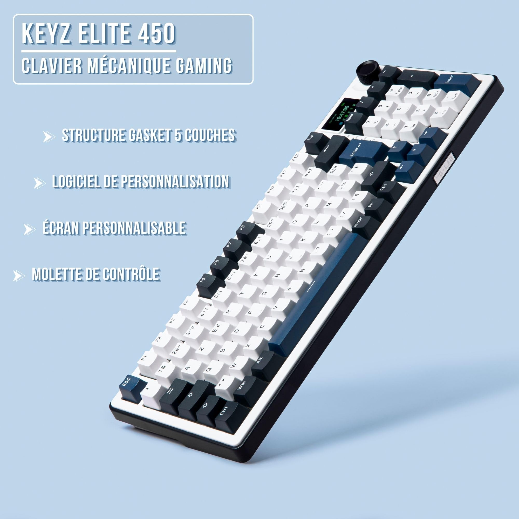 The G-Lab Keyz Elite 450 WB - Clavier Gamer sans Fil Ecran LCD RGB | AZERTY FR, Sans Fil Tri Mode 2.4GHz/Bluetooth/Filaire, Ecran LCD, Switch Mécanique Hot Swap Pré-lubrifiés, Gasket 5 Couches