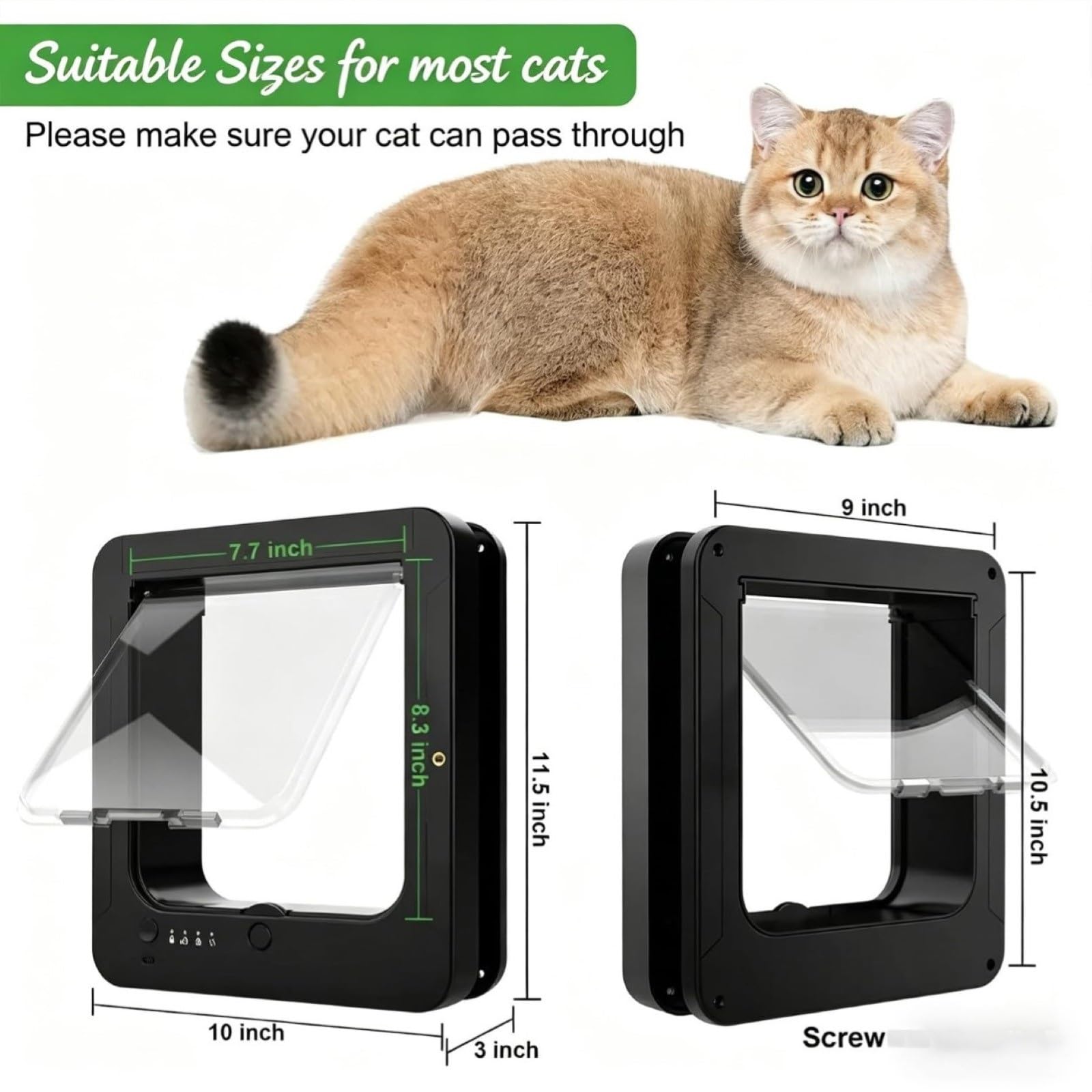 Puerta Inteligente For Gatos For Interior Y Exterior | Puerta for mascotas con desbloqueo automático, 2 collares con sensores y 1 mando a distancia, bloqueo de 4 vías(Black)