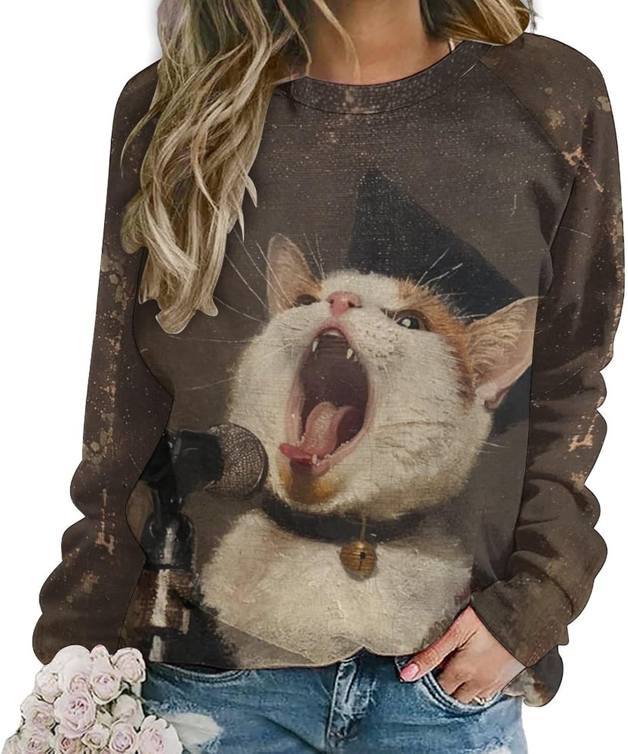 Long Sleeve Sweatshirts Women Fall Cat Print Winter Fashion Funny Warm Dressy Crewneck Casual Cotton Hoodie