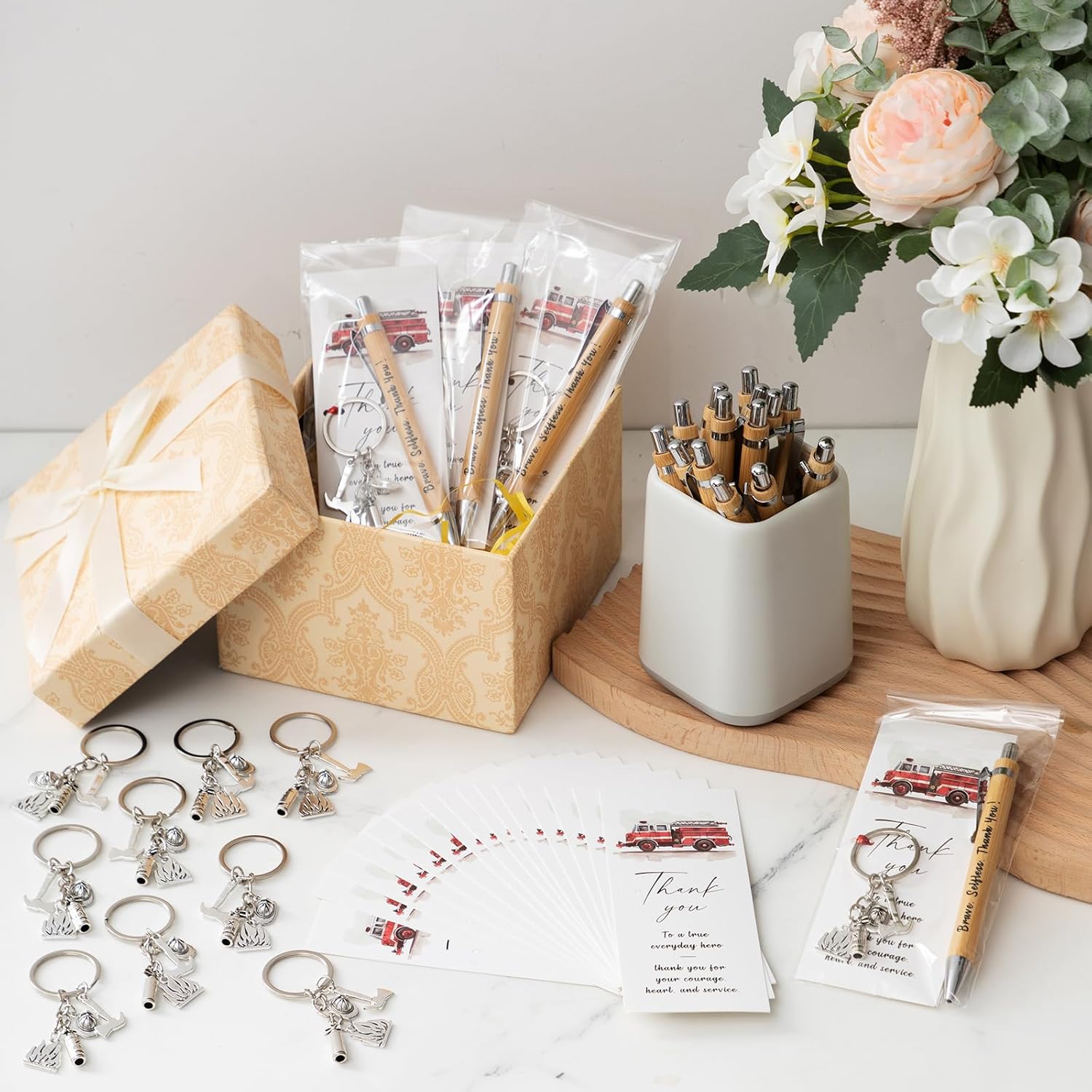 Tenceur 20 Set Firefighter Appreciation Gifts Bulk Fireman Keychains Bamboo Ballpoint Pens Thank You Cards for Women Men Fire Fighters Christmas Birthday Retirement Gifts - Image 5