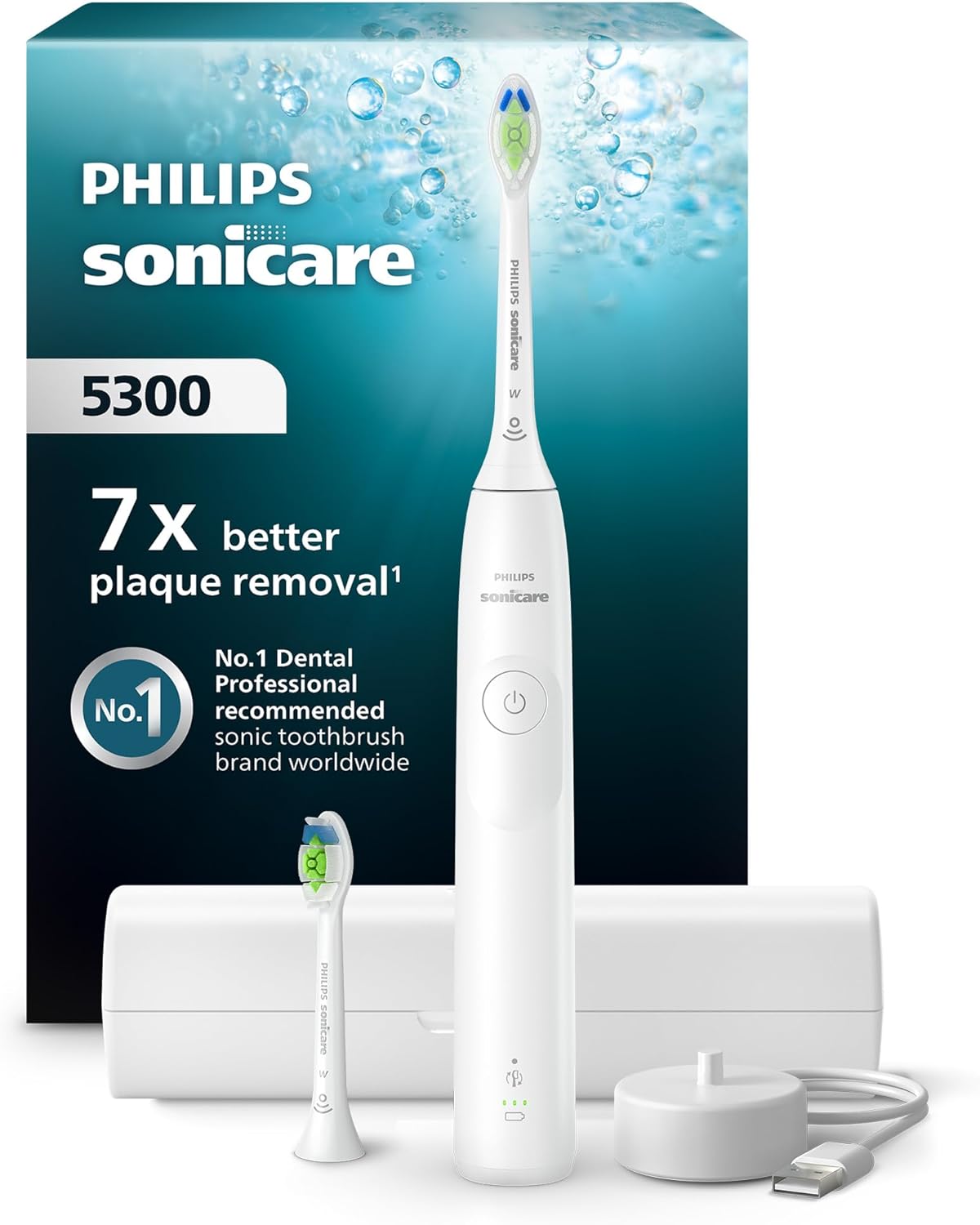 Philips Sonicare 5300 Şarjlı Diş Fırçası, 21 Gün Şarj, 7 kat plak temizliği, Basınç sensörü, 2 mod, Seyahat kabı, 2 başlık, Beyaz, HX7108/03