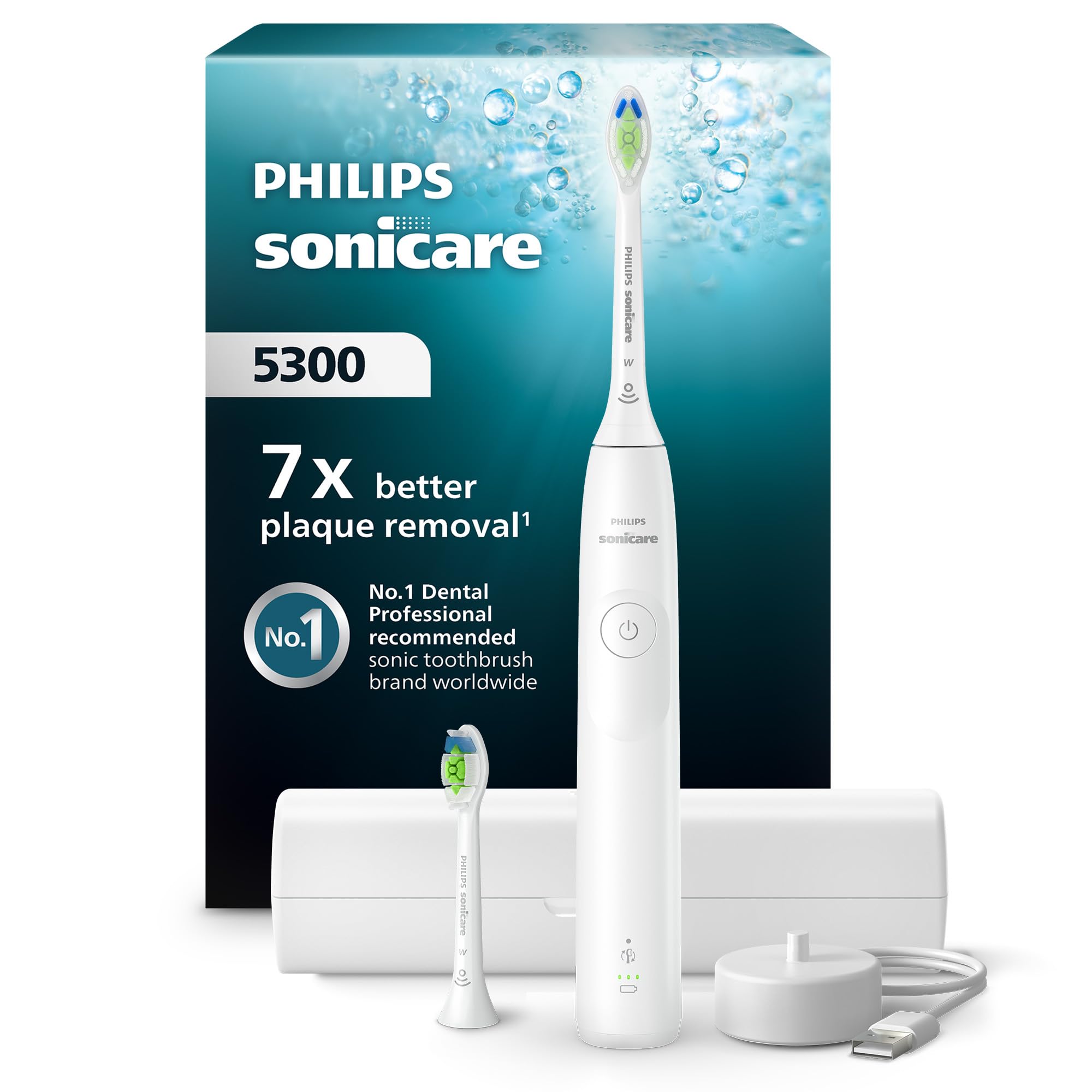 Philips Sonicare 5300 Şarjlı Diş Fırçası, 21 Gün Şarj, 7 kat plak temizliği, Basınç sensörü, 2 mod, Seyahat kabı, 2 başlık, Beyaz, HX7108/03