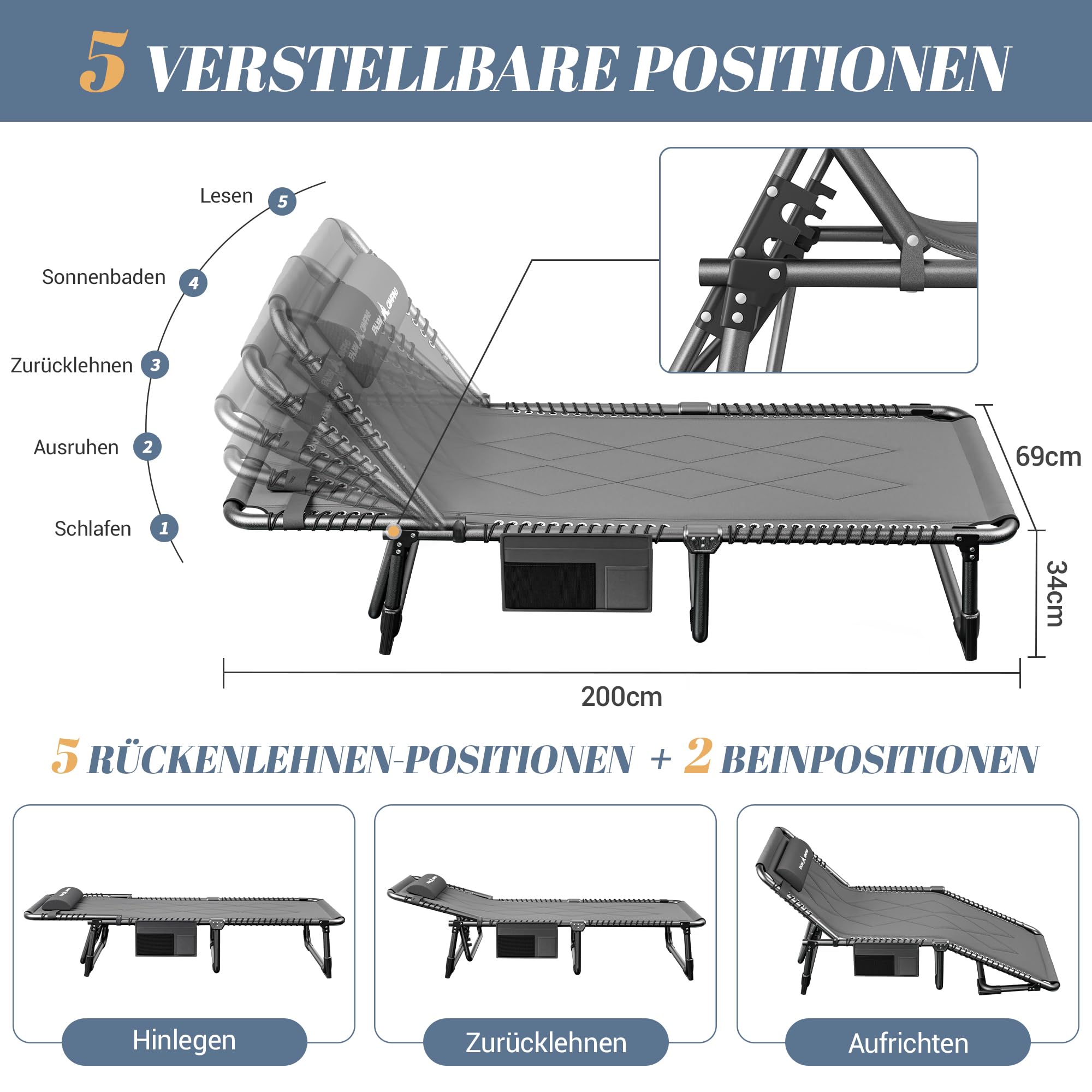 UDPATIO Camping Betten Feldbetten Klappbar, Liegestuhl Mit Auflage Polster, Gartenliege mit Verstellbarer Rückenlehne, Strandliege Campingliege für Outdoor Camping Grau
