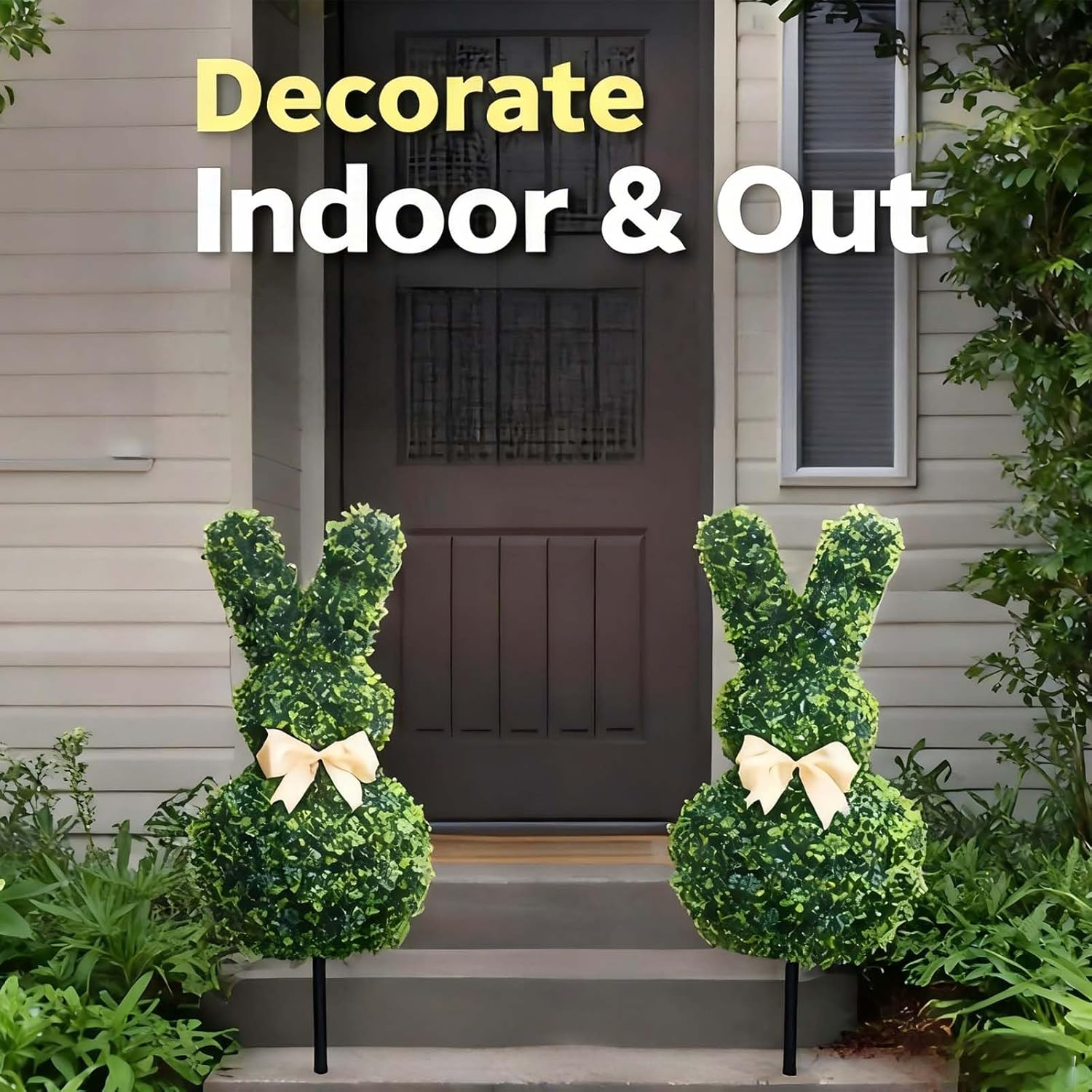 Easter Bunny Topiary Outdoor Set of 2, 22/27 Inch Artificial Boxwood Bunny Topiary with Ground Spike, Uv-Resistant Rabbit Topiary Trees for Porch Garden Patio, Spring Easter Outdoor Decor (2, 27in-A)