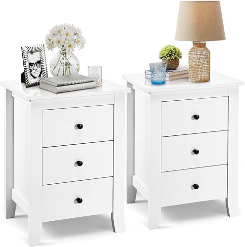WATERJOY Mesita de noche blanca con 3 cajones mesas auxiliares modernas para dormitorio sala de estar