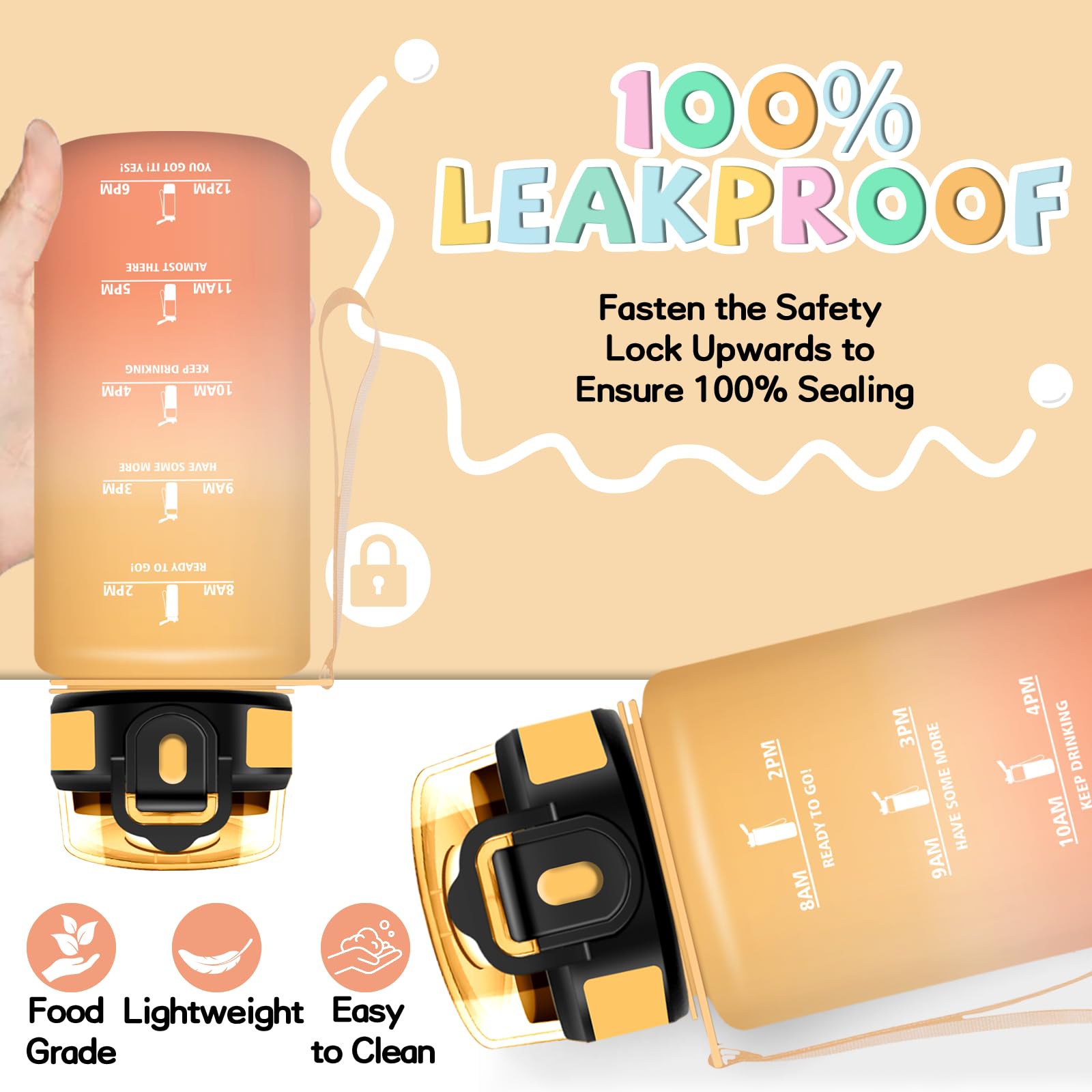 Borraccia- 0,5 litri- Borraccia Bambini, Borracce con Cannuccia, Senza Perdite, Water Bottle Motivazionale, Facile da Pulire, Bottiglia con Orari per Bere, Con Chiusura di Sicurezza, per Sport, Corsa