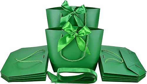 HUAPRINT Bolsas de regalo con asas, bolsas de recuerdo de fiesta con cinta de lazo, 12 bolsas de papel verde para cumpleaños, boda, dama de honor,