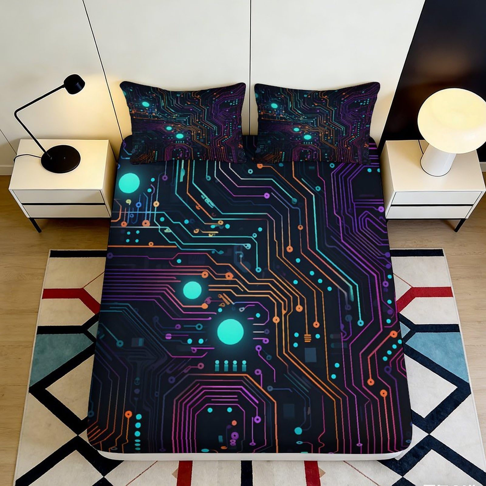 3D Printed Circuit Board Pattern Fitted Sheet Microfiber Bedroom Decor Tech Style Mattress Cover Anti-Slip Easy Care 90x200x25cm