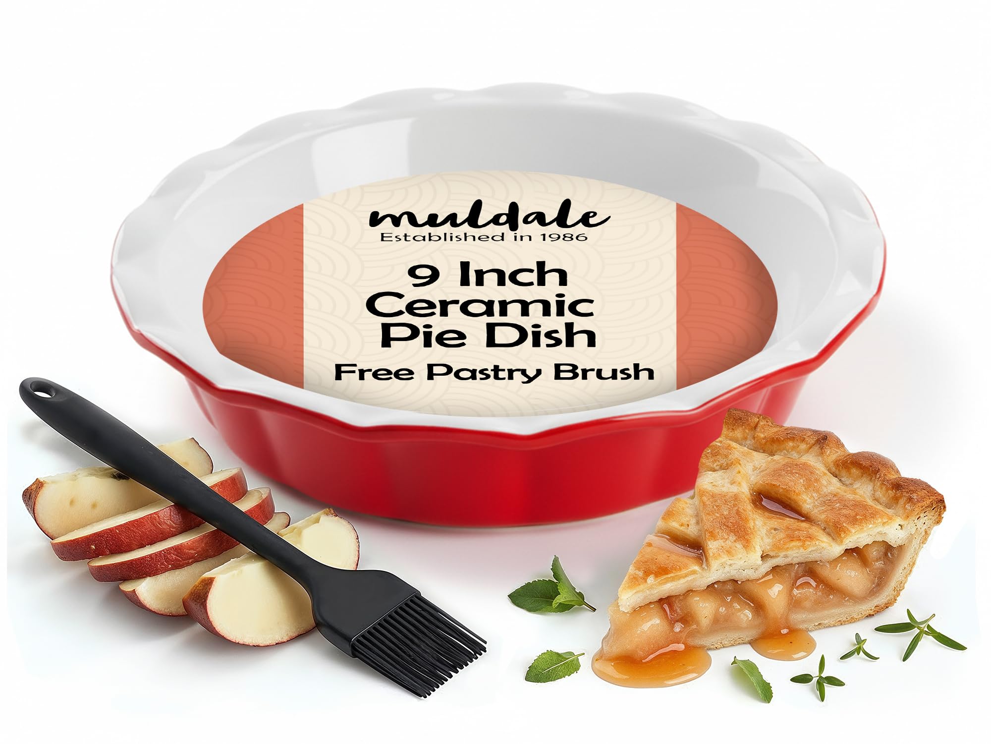 Muldale 9 Inch Pie Dish - 23cm Round Ceramic Pie Dishes for The Oven - Individual Fluted Deep Apple Pumpkin Pie Dish - Steak Meat Pie Pan - Red