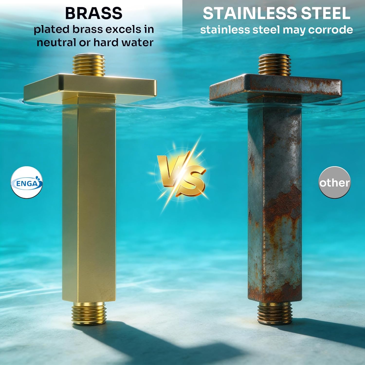 Enga Brass 6 Inch Square Shower Arm with Flange, Ceiling Mount Replacement Rain Shower Head Straight Arm, Brushed Gold